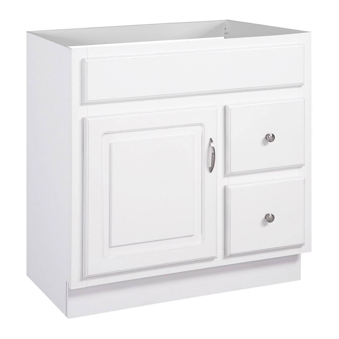 White 30-Inch MDF Bathroom Vanity with Satin Nickel Hardware