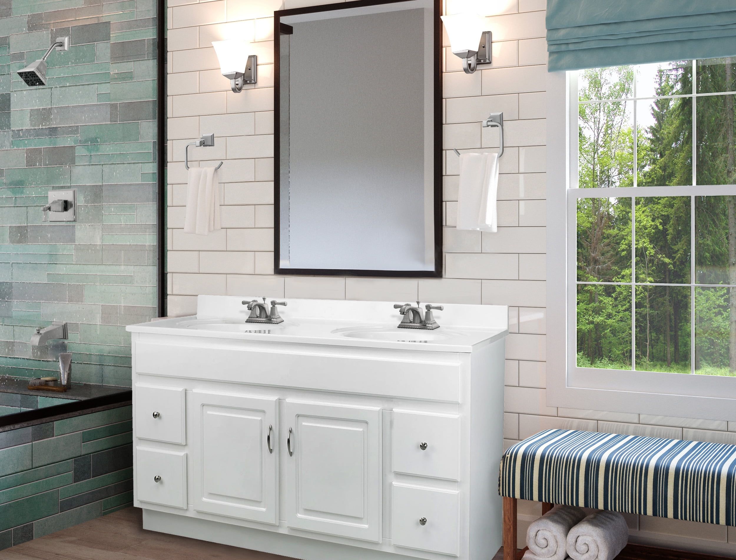 Concord 60-Inch White Solid Wood Bathroom Vanity with Nickel Hardware