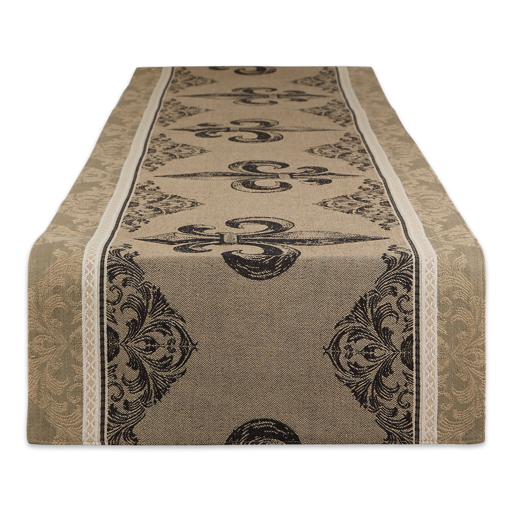 Beige and Black Cotton Fleur De Lis Jacquard Table Runner