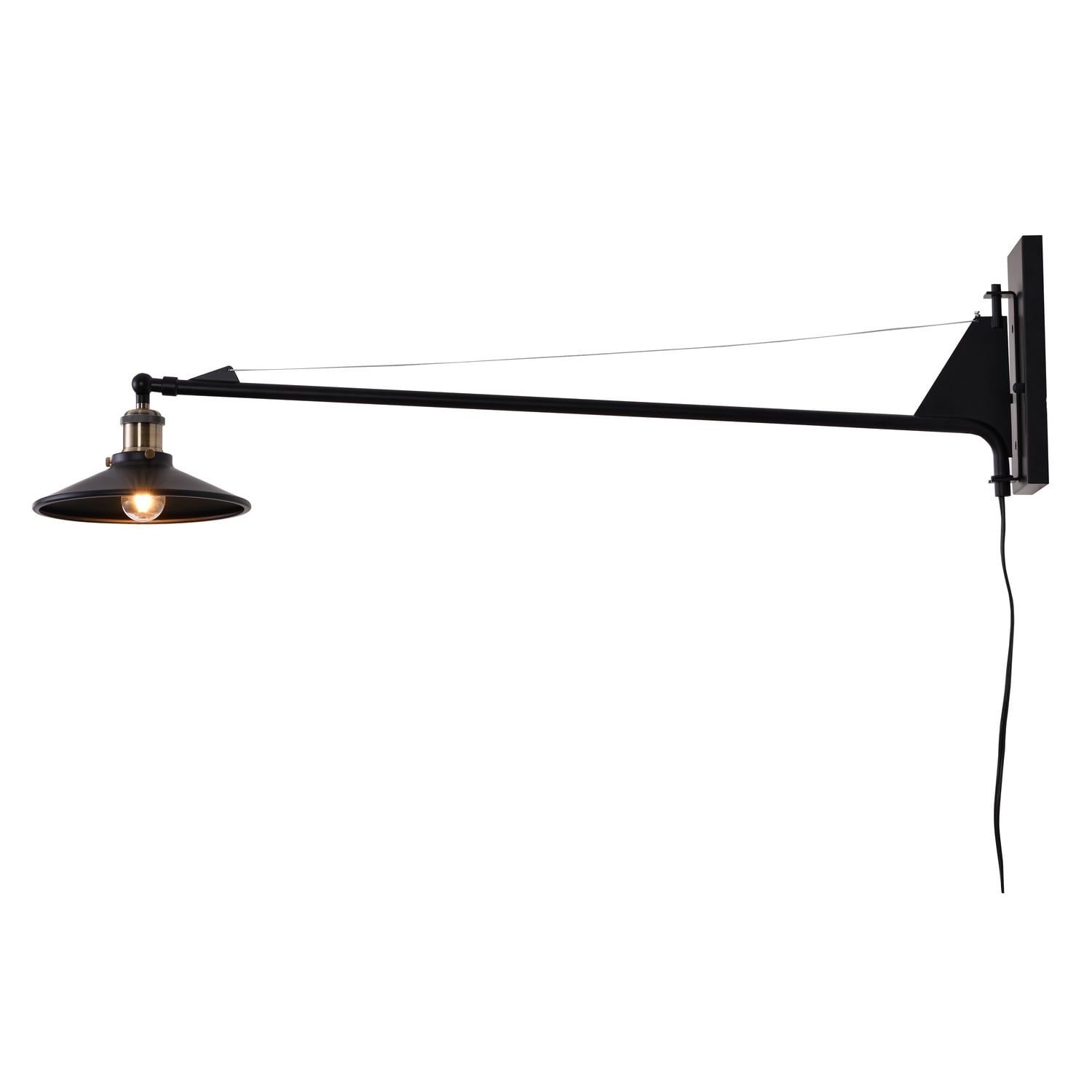 Black Metal Adjustable Arm Wall Sconce with Brass Hardware