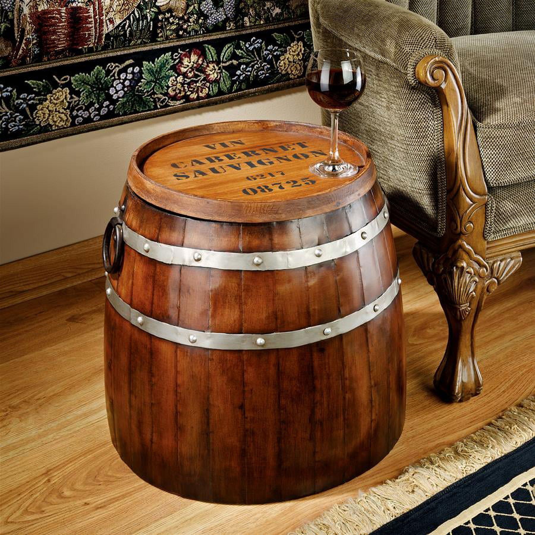 Round Wood and Metal Wine Barrel Side Table