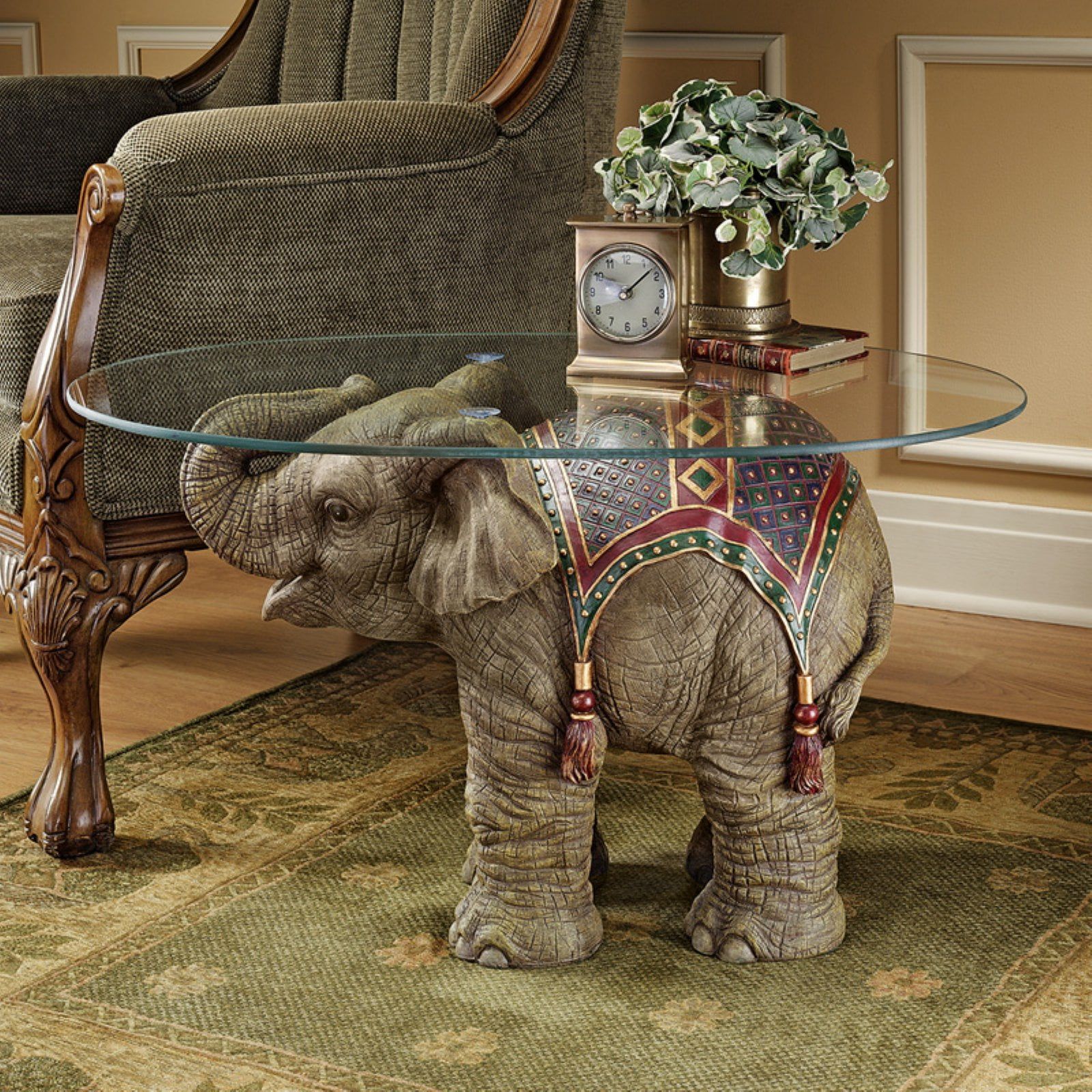 Small Taupe Elephant Glass-Topped Coffee Table with Storage