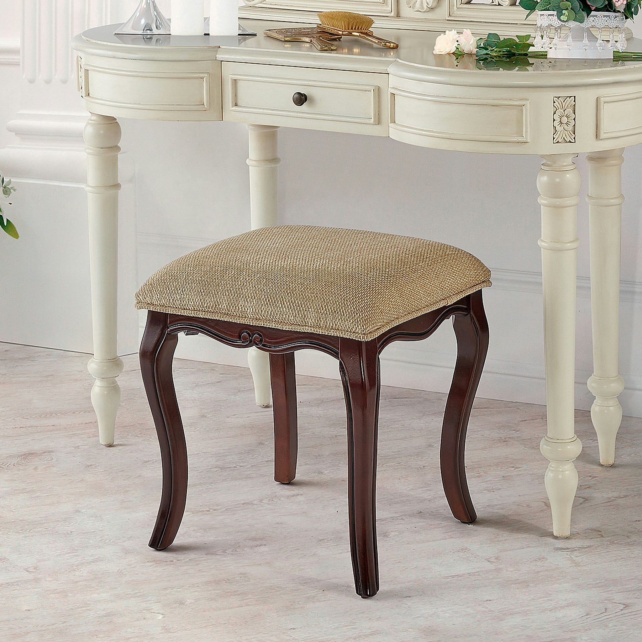 Cherry Finish European-Style Vanity Stool with Upholstered Cushion