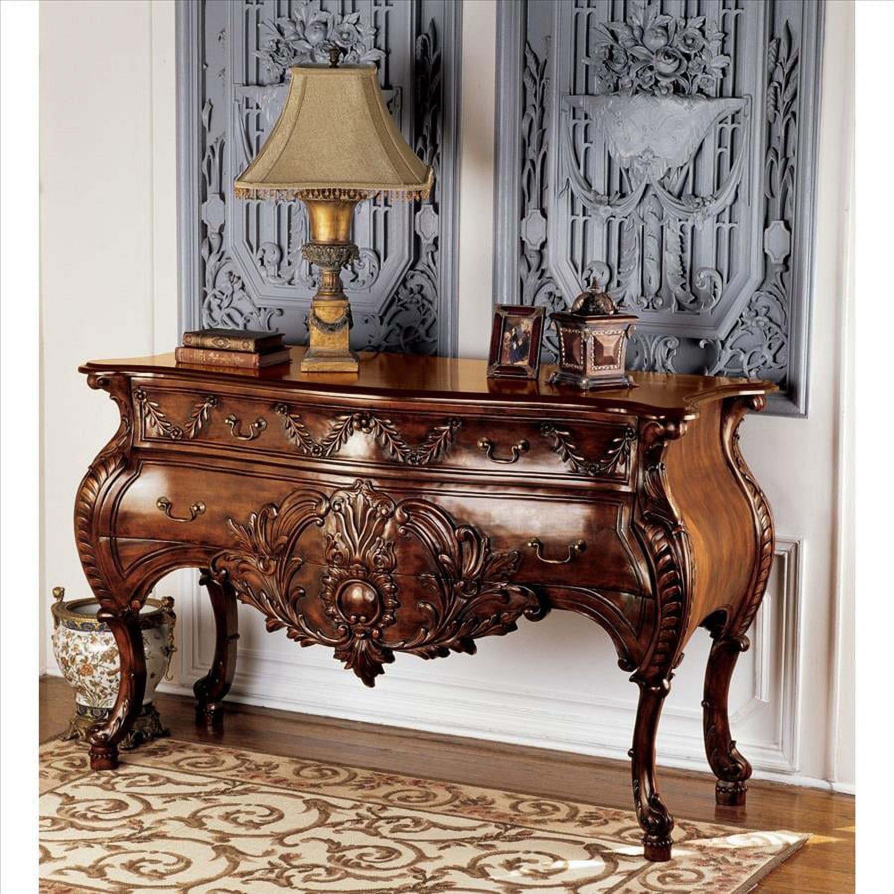 Hand-Carved Mahogany Bombe Console with Storage Drawers