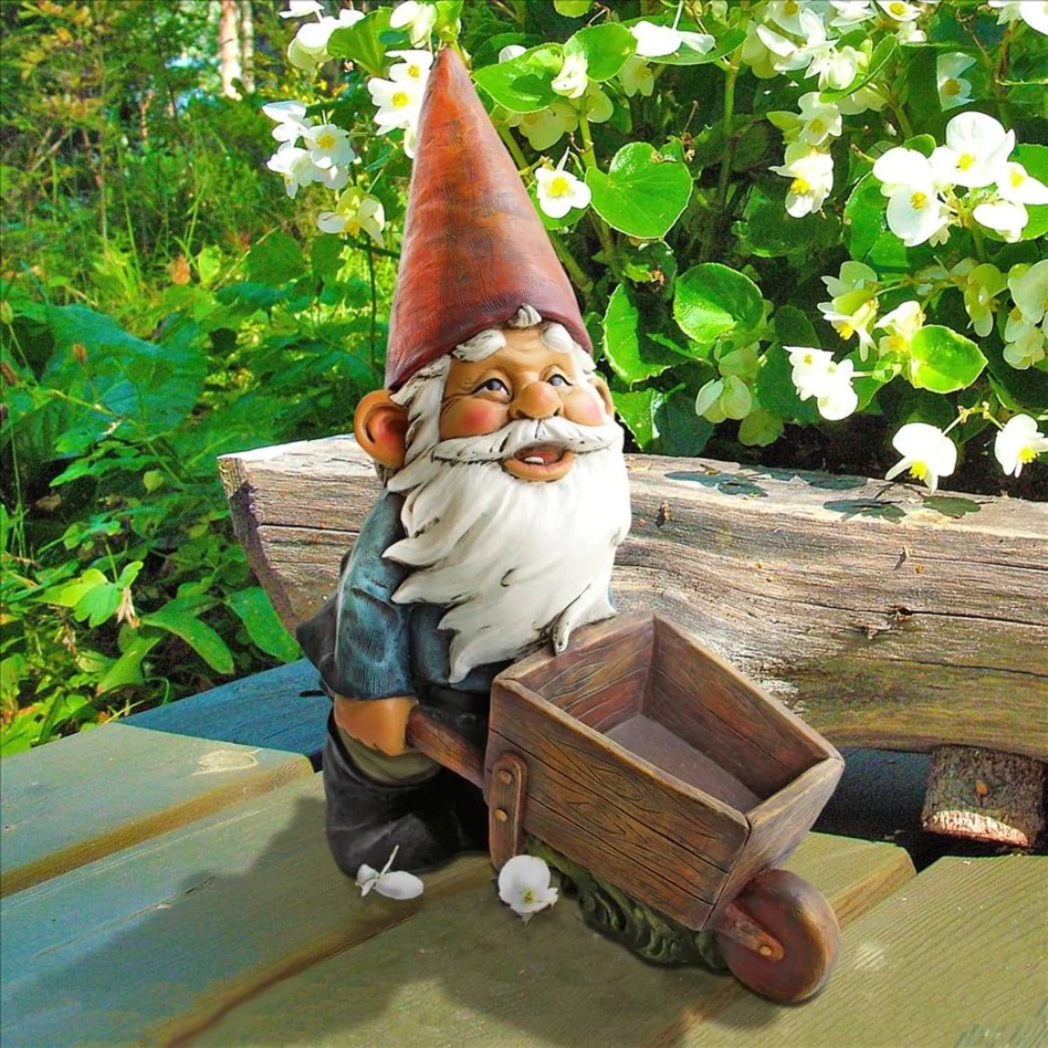 Wheelbarrow Willie Garden Gnome Statue with Red Hat