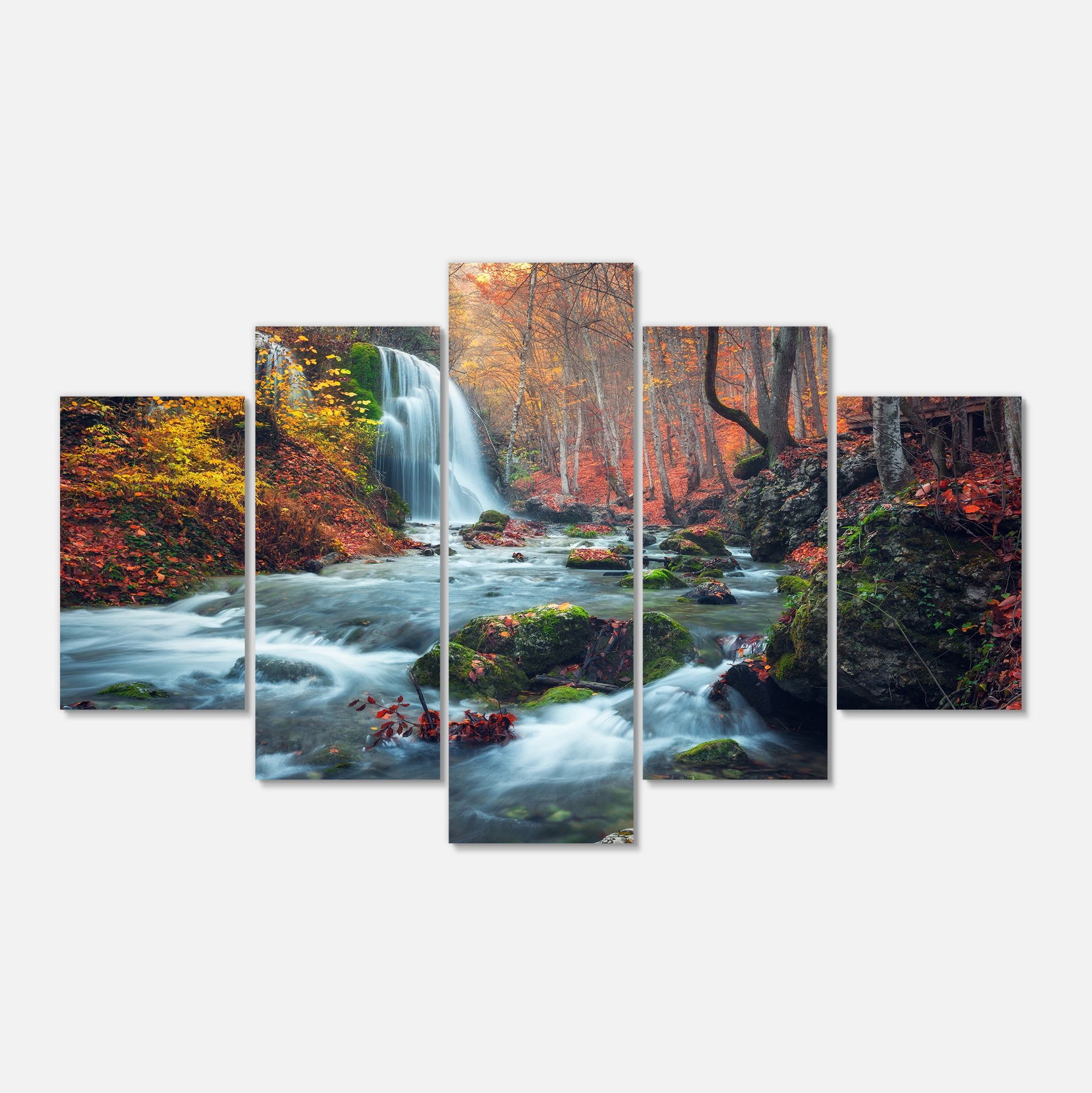 Autumn Mountain Waterfall Landscape Canvas Print in Orange, 60"x32"