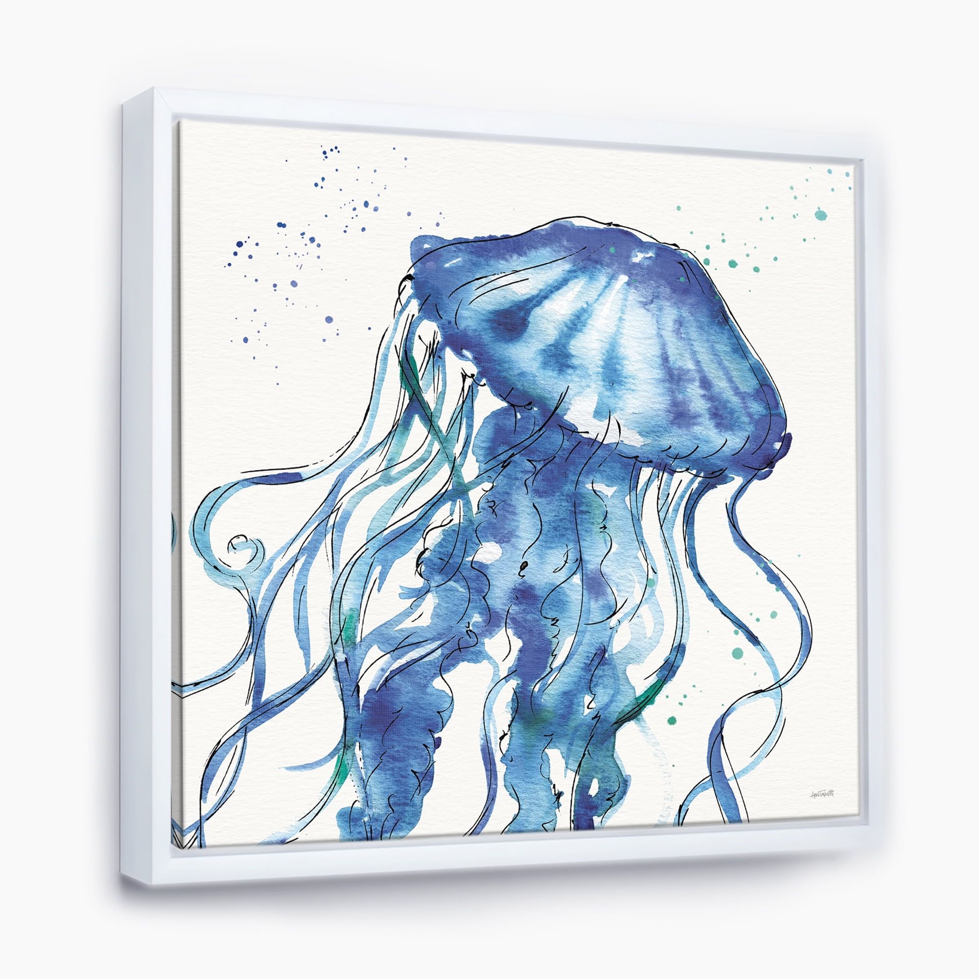 Blue Jellyfish Coastal Canvas Print with White Frame