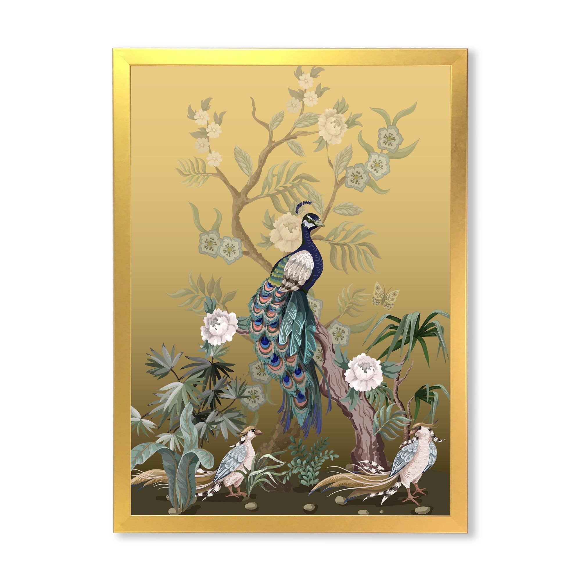 Gold Framed Chinoiserie Birds and Peonies Canvas Print