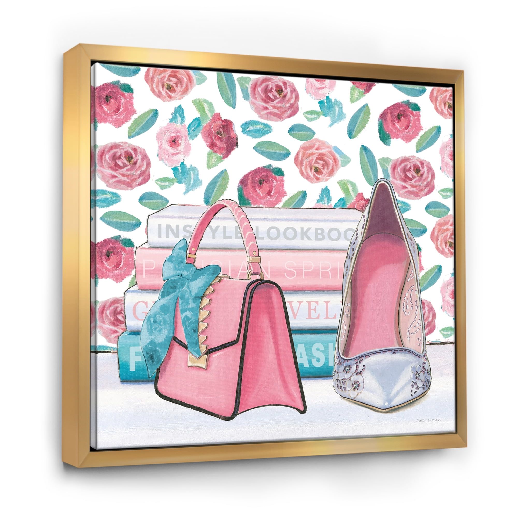 Pink Fashion High Heels and Handbag Framed Canvas Art