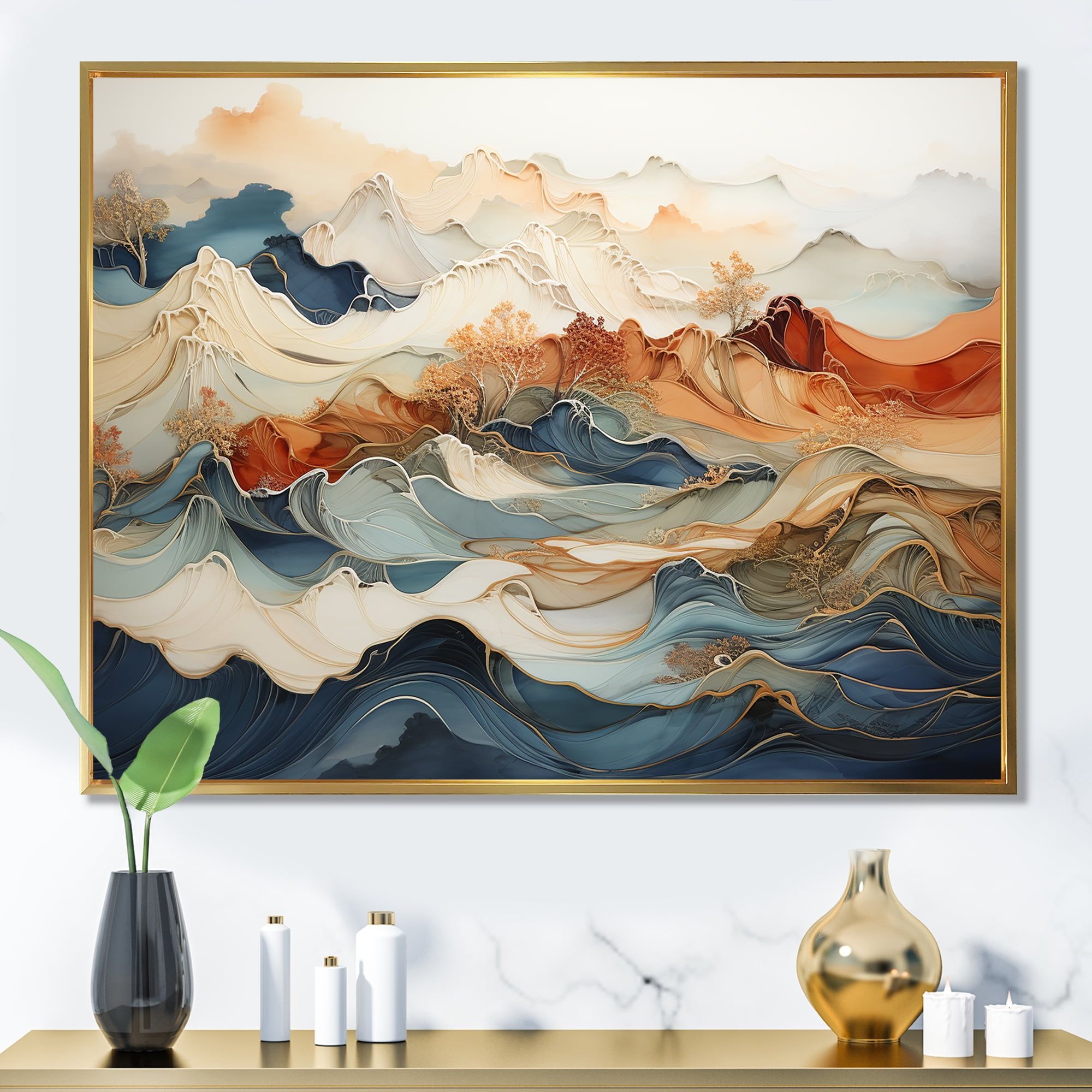 Abstract Orange and Blue River Ink Canvas Art with Gold Frame