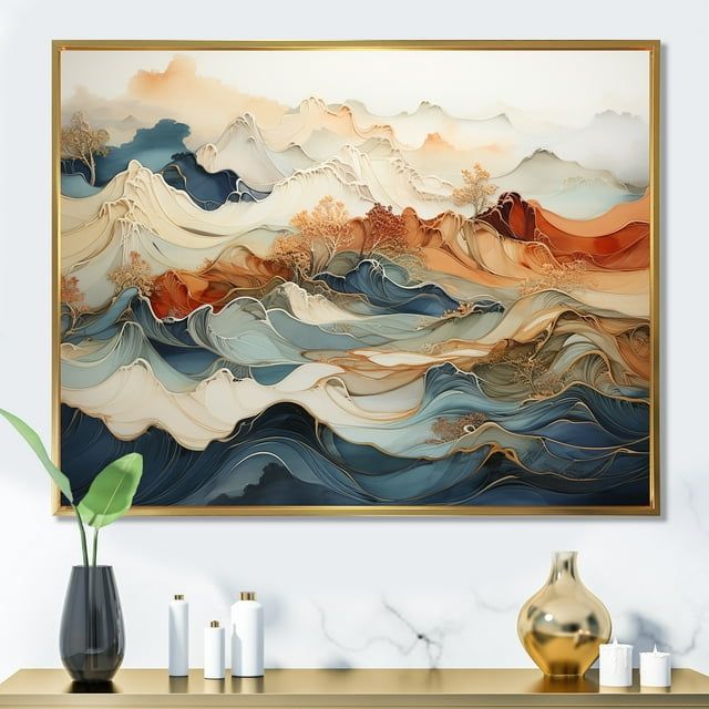 Large Gold Framed Abstract Canvas Art in Blue and Orange