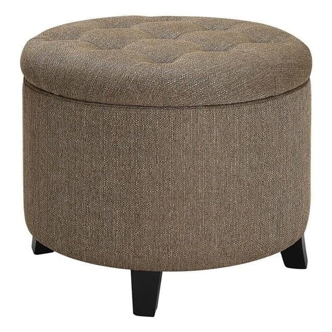 Sandstone Fabric Tufted Round Storage Ottoman with Solid Rubberwood Legs