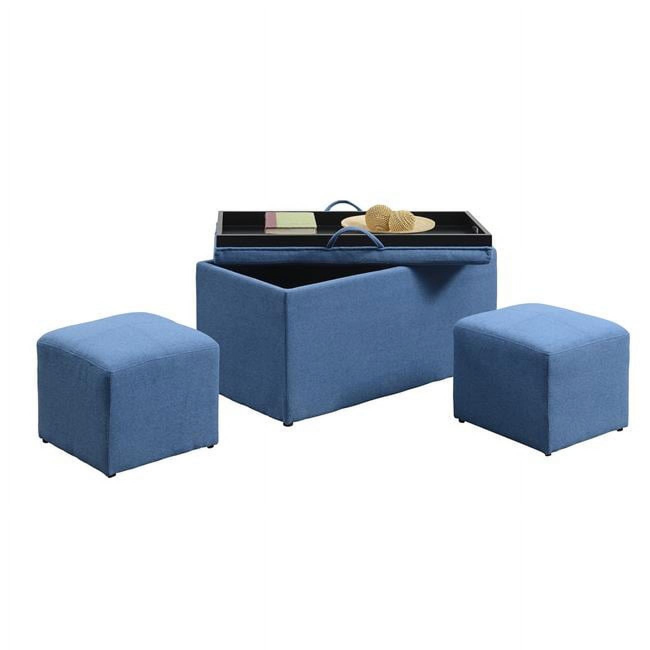 Soft Blue Fabric Storage Bench with Hardwood Tray and Side Ottomans