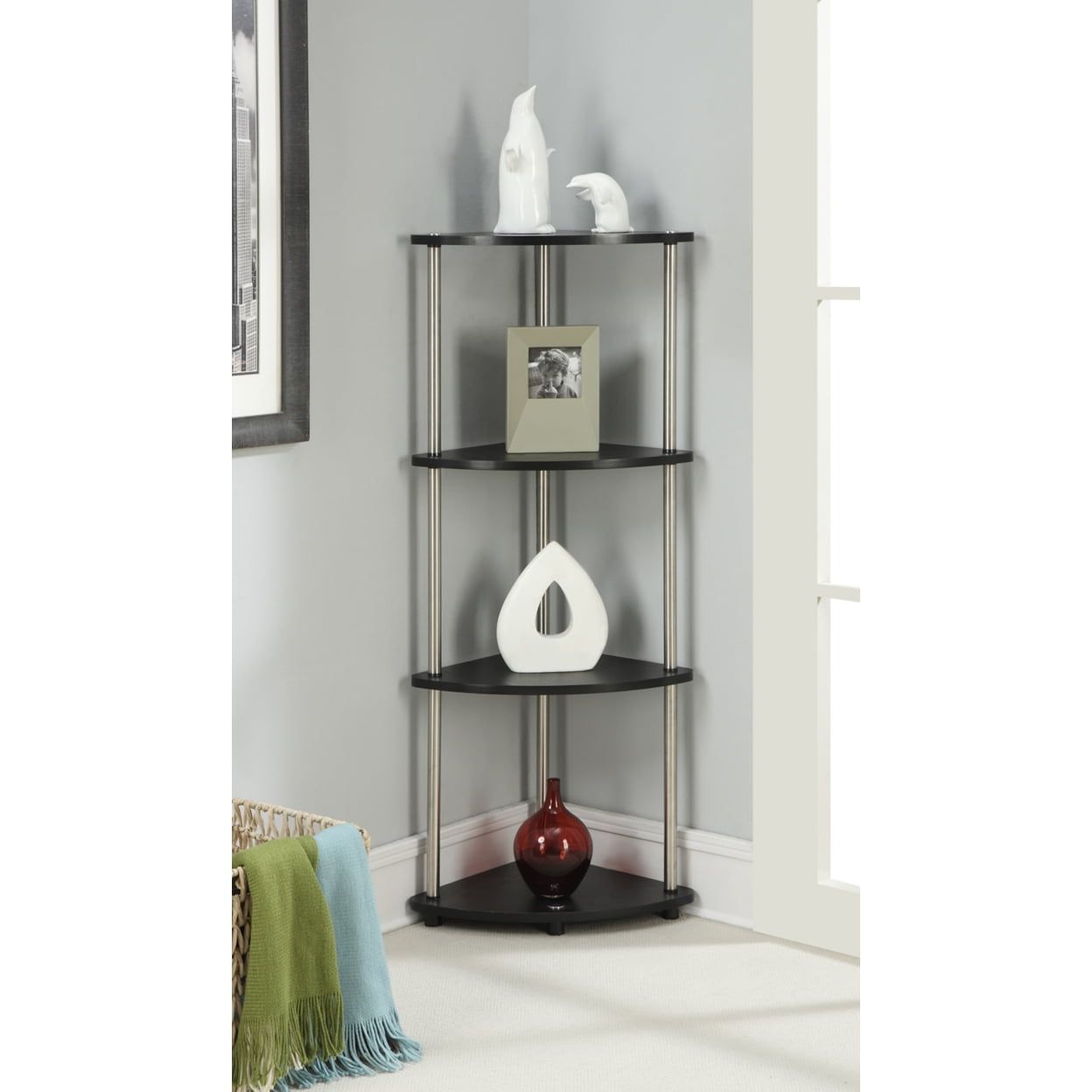 Black Wood 4-Tier Corner Shelf with Stainless Steel Poles