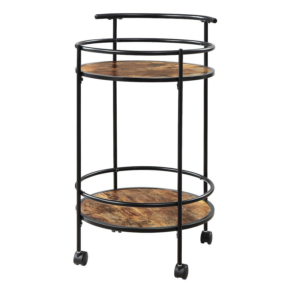 Walnut and Black Round Bar Cart with Storage and Casters