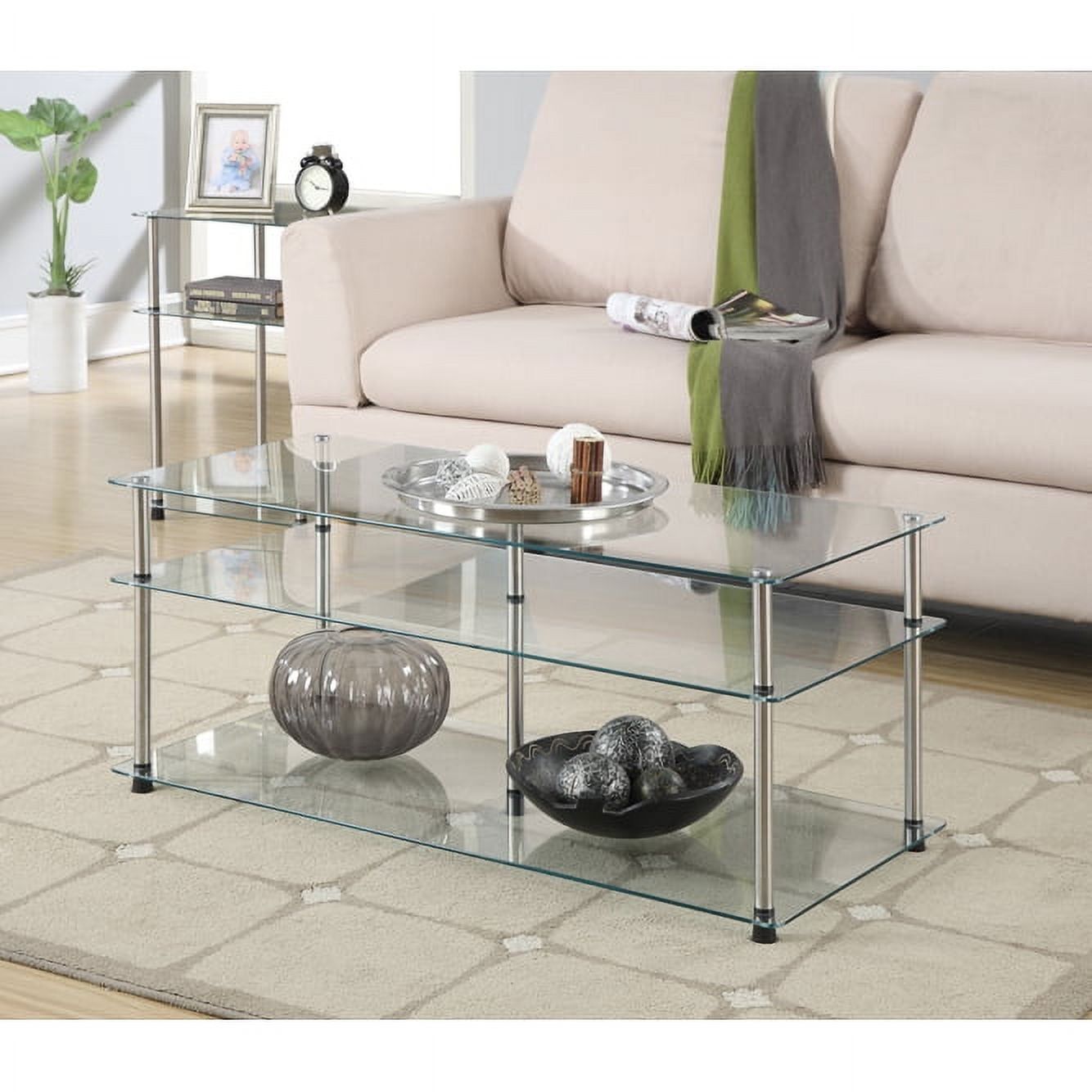 Clear Tempered Glass 3-Tier Coffee Table with Silver Legs