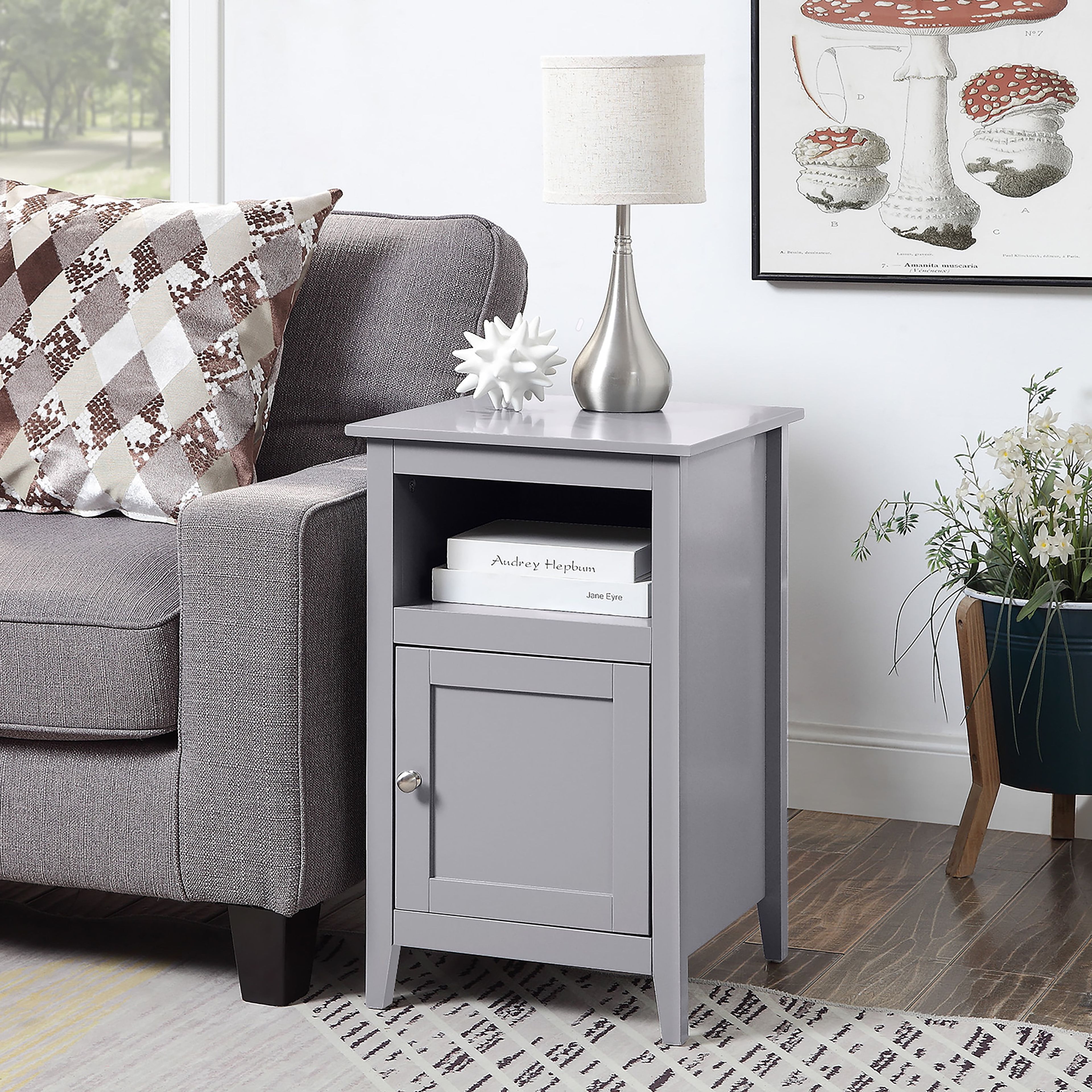 Gray Transitional MDF End Table with Storage Cabinet and Shelf