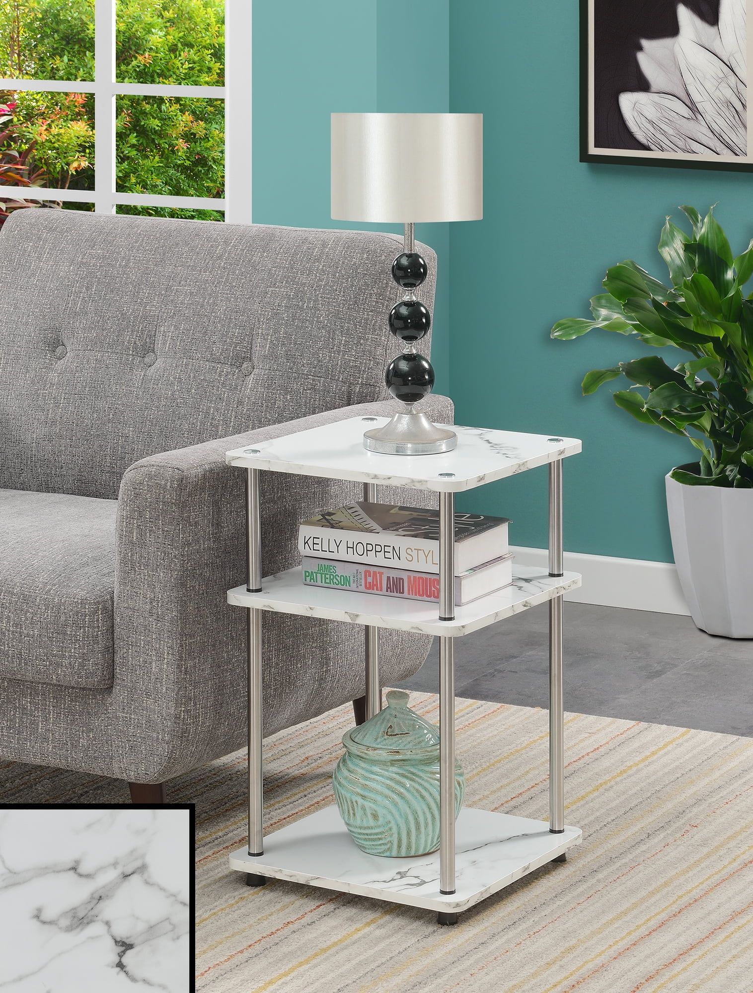 White Faux Marble Wood and Metal Three-Tier End Table