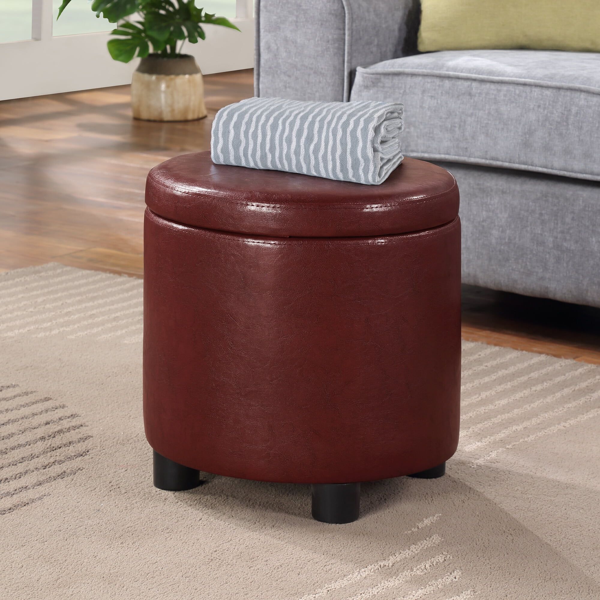 Burgundy Faux Leather Round Storage Ottoman with Reversible Tray