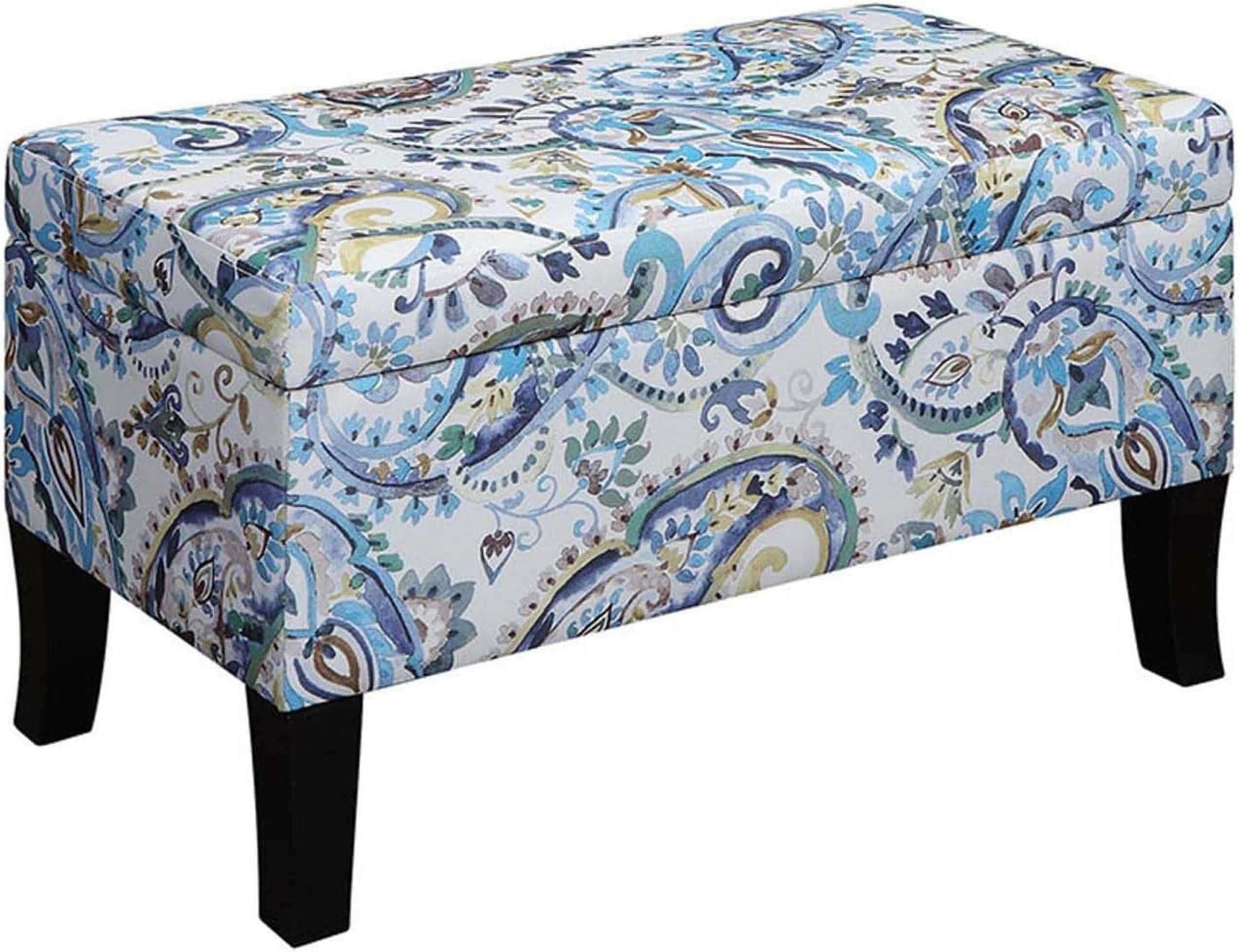 Paisley Fabric Storage Ottoman with Dark Rubberwood Legs