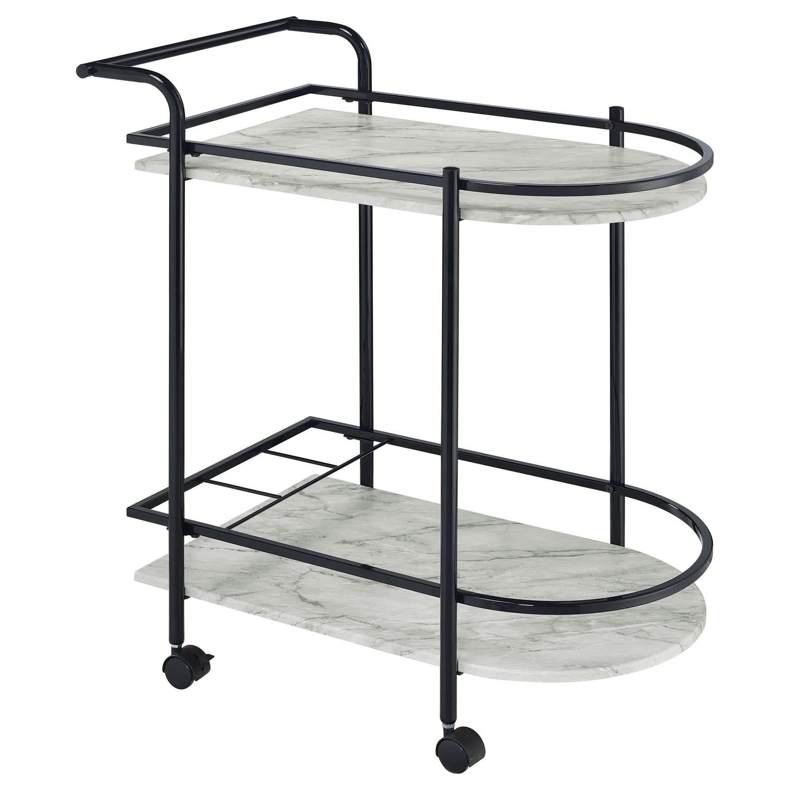 Black and White Faux Marble Rectangular Bar Cart with Wine Rack