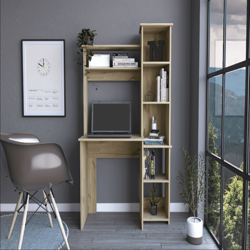 Logan Modern Light Oak Wood Desk with Hutch and Five Cubbies