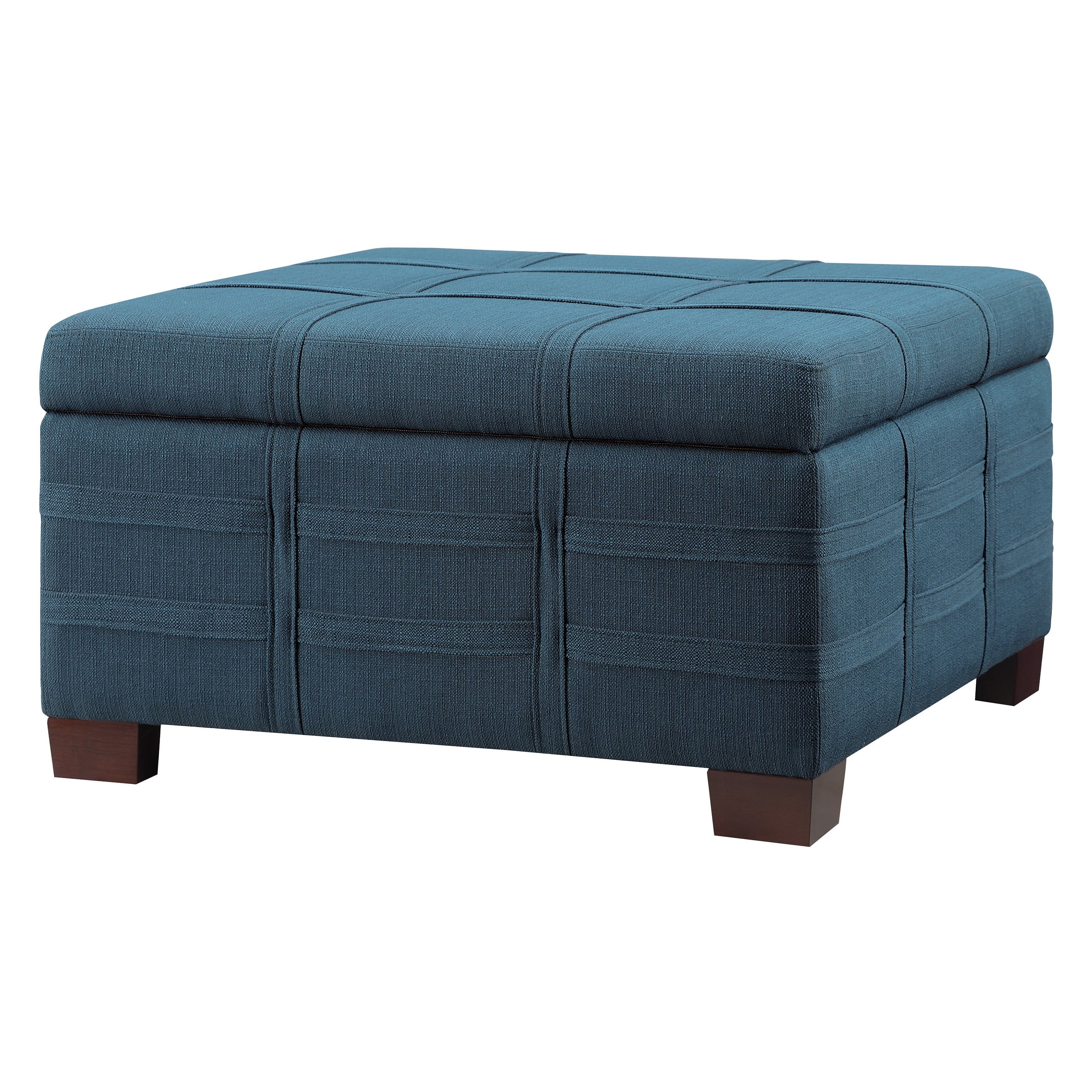 Azure Blue Fabric Square Storage Ottoman with Stitch Detail