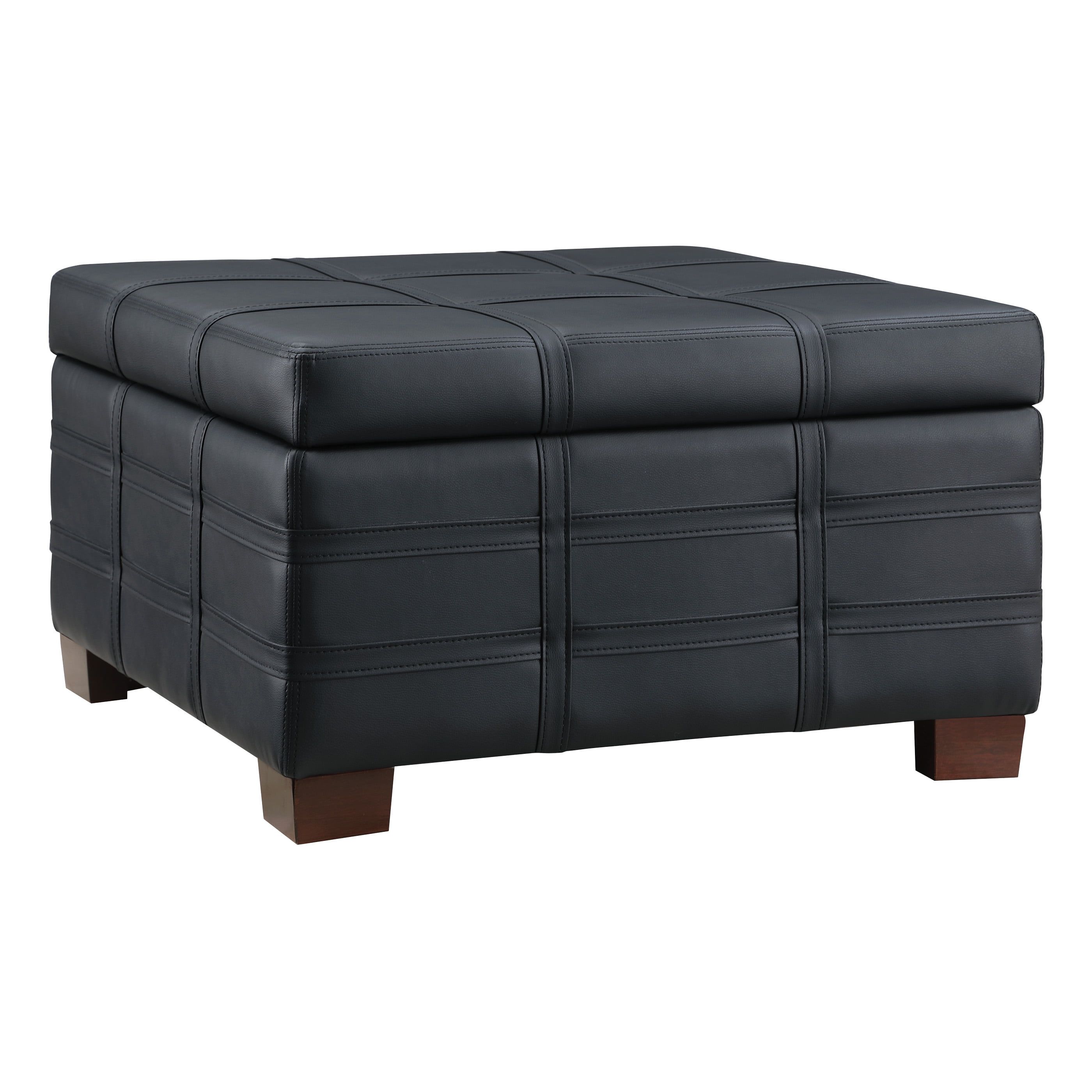 Black Faux Leather Square Storage Ottoman with Tray