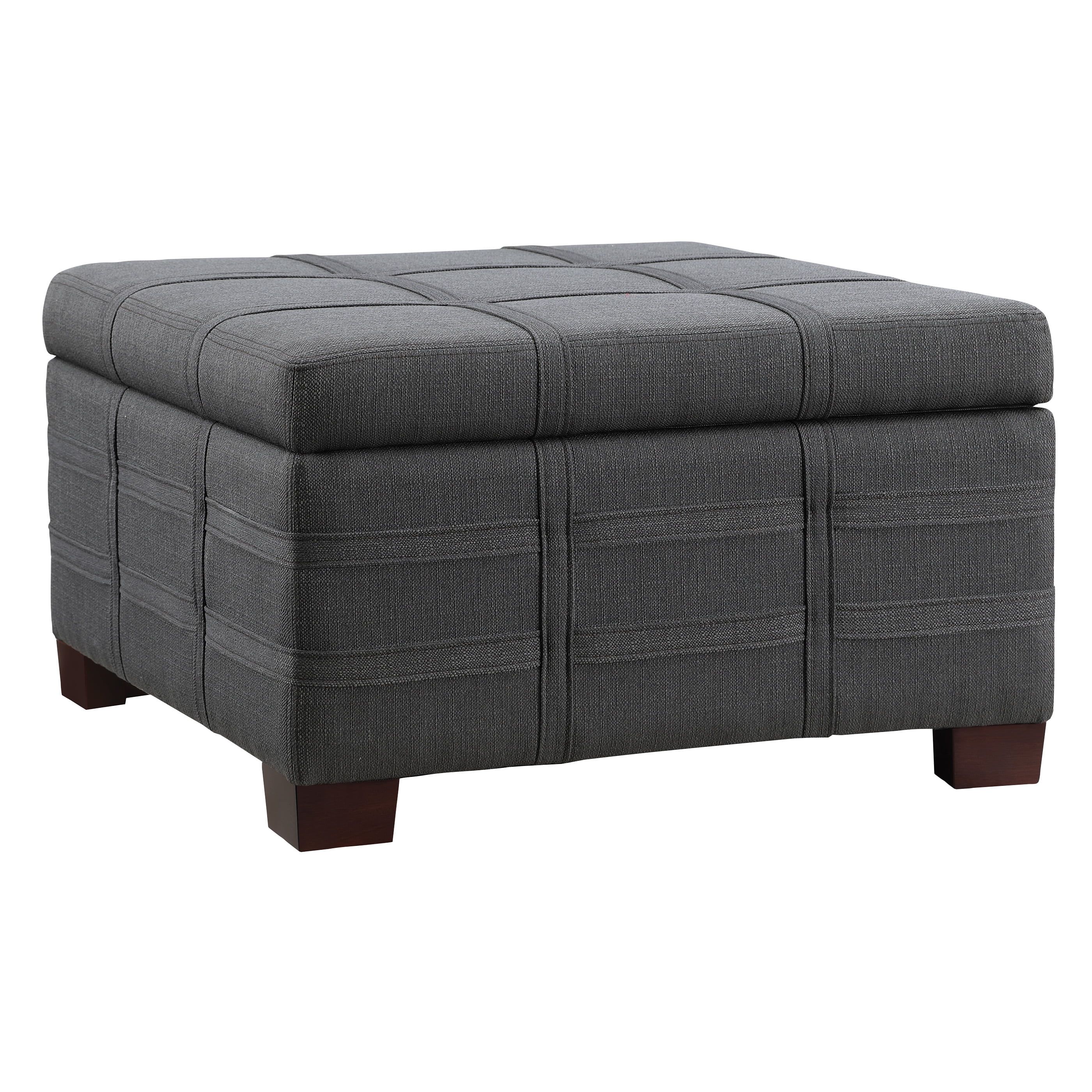 Charcoal Fabric Square Storage Ottoman with Double Stitch Strap Detail