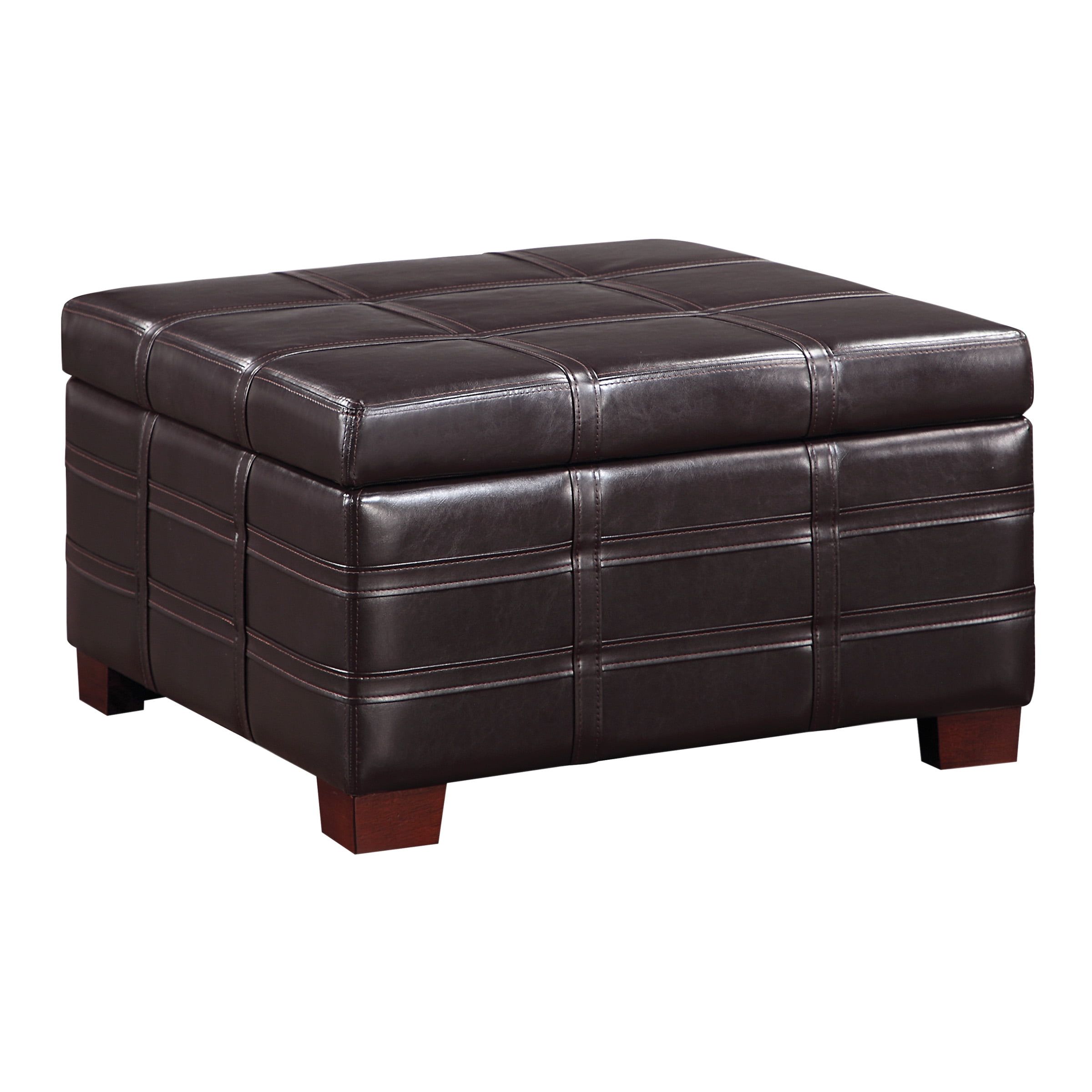 Espresso Faux Leather Square Storage Ottoman with Stitch Detail