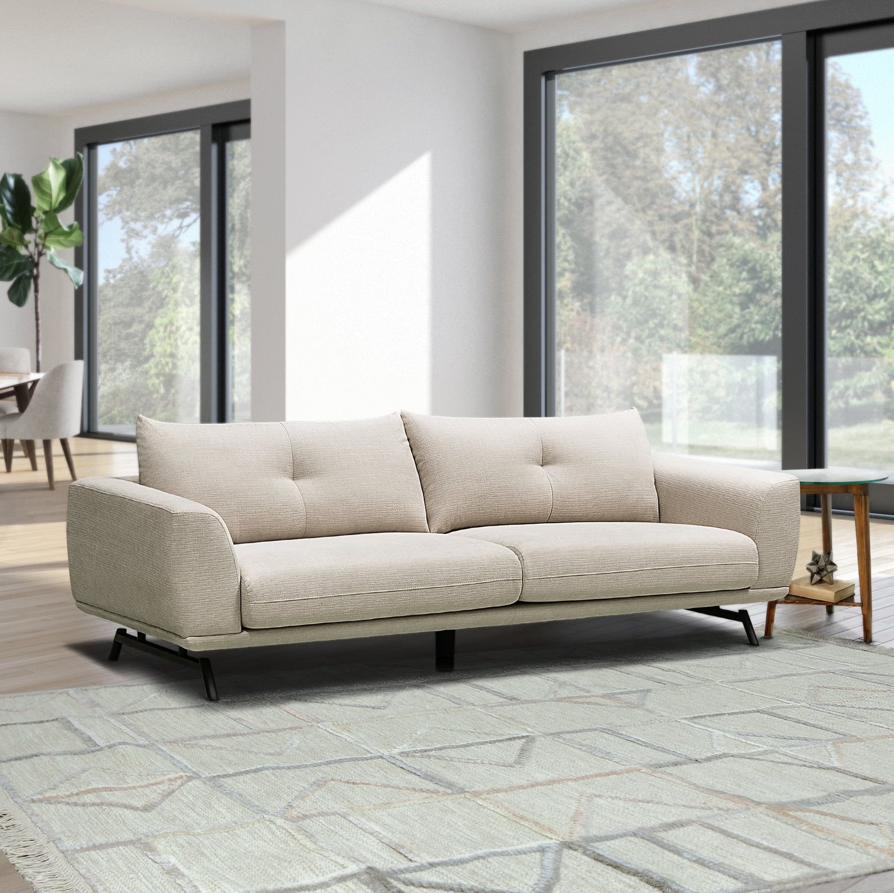 Delaney Cream Fabric Tufted Sofa with Modern Metal Base