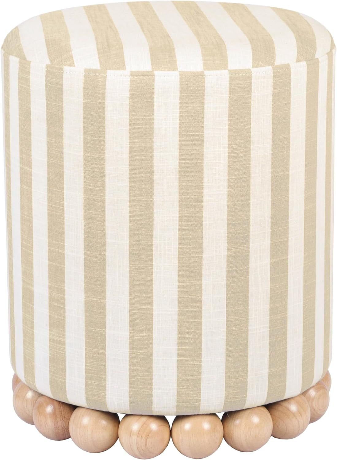 Dex Beige and White Striped Linen Ottoman with Wood Base