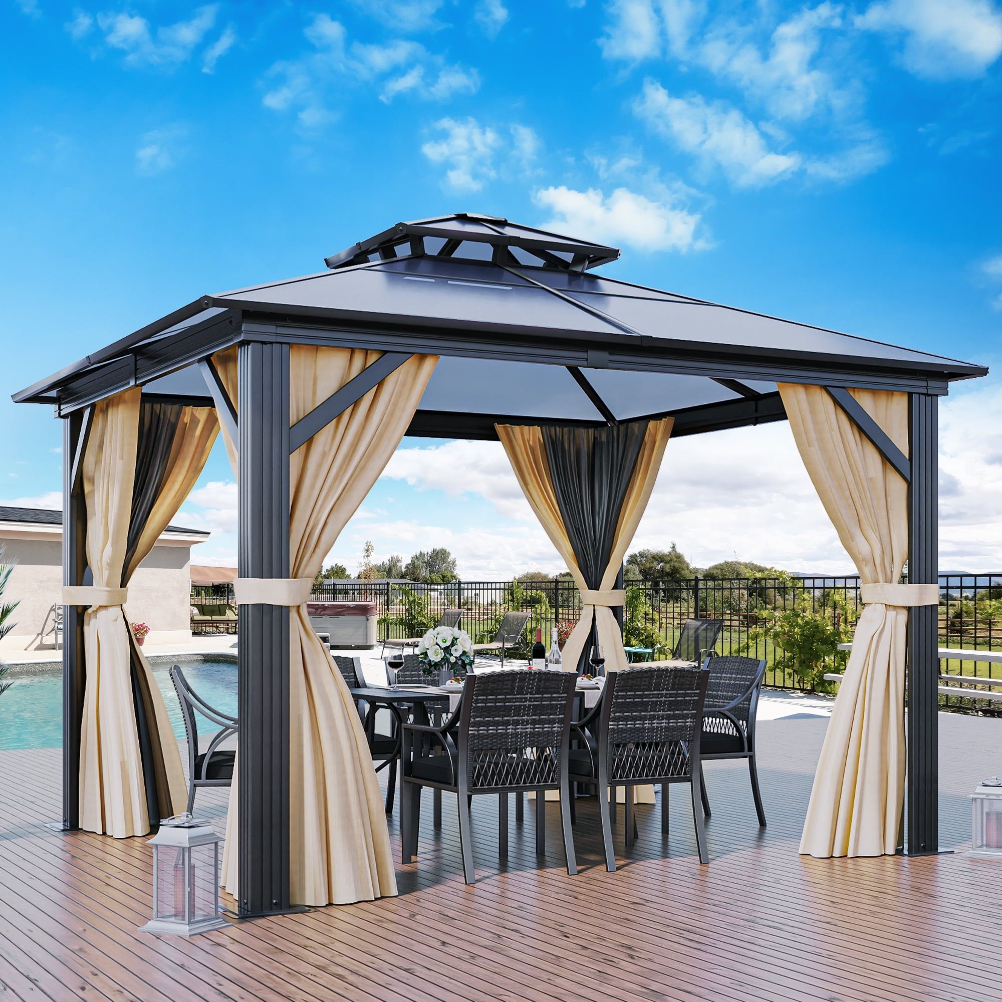 10x10ft Black Aluminum Hardtop Gazebo with Beige Curtains