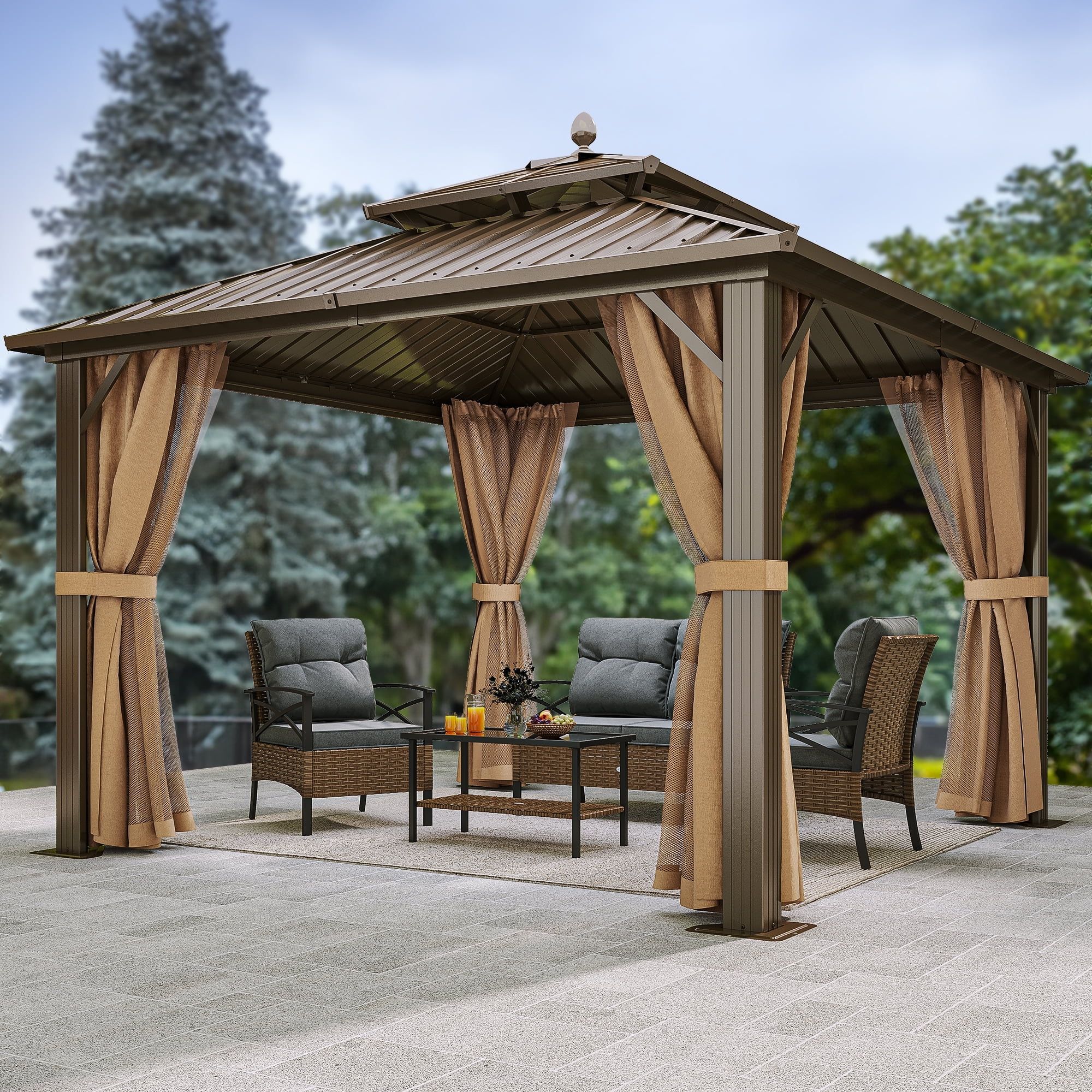 Bronze 10x10ft Hardtop Gazebo with Nettings and Curtains