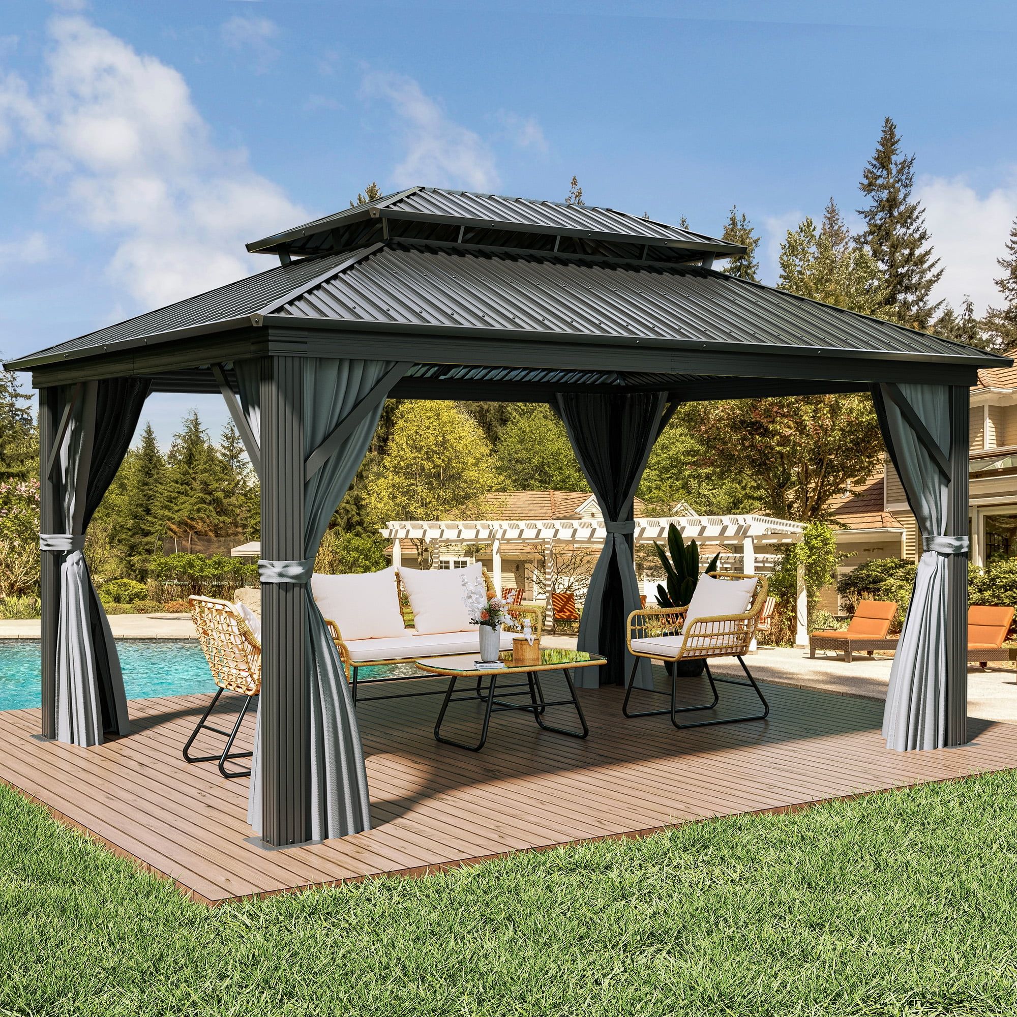 Gray 12x16ft Hardtop Gazebo with Nettings and Curtains