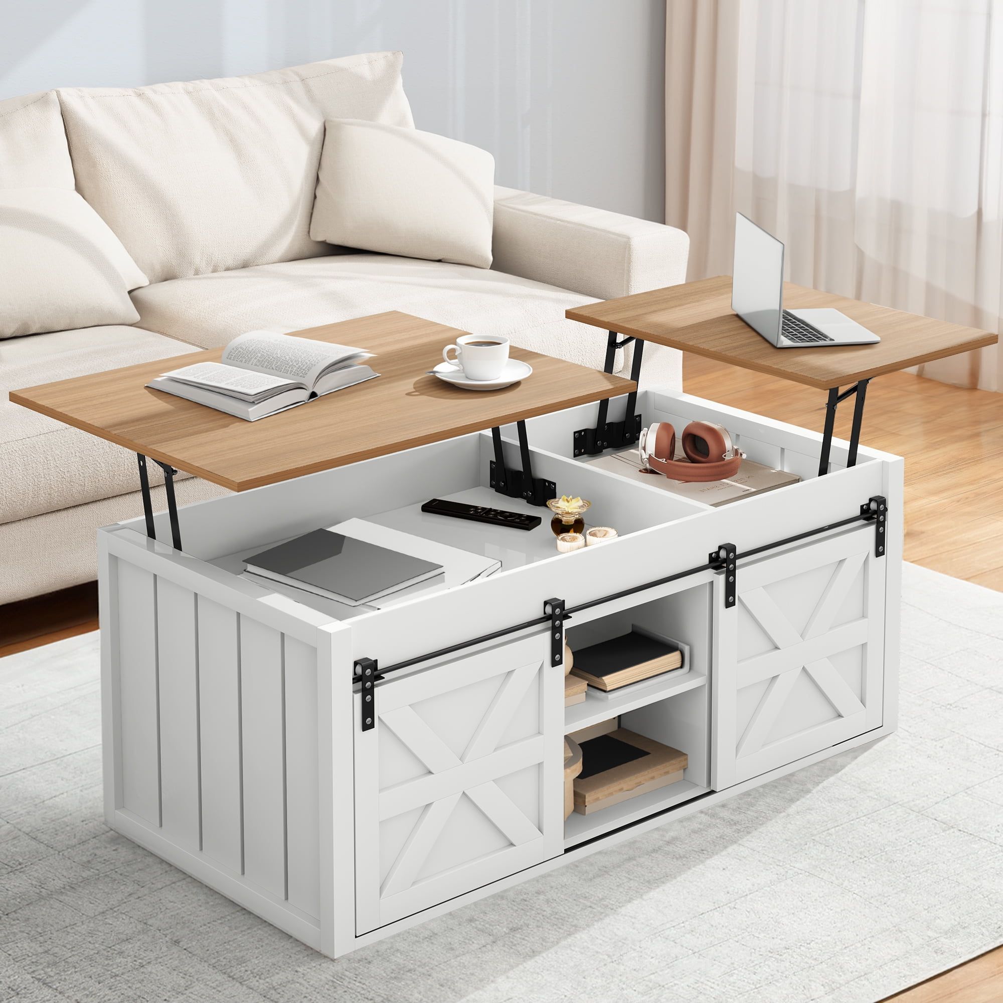 White and Natural Wood Lift-Top Coffee Table with Sliding Barn Doors