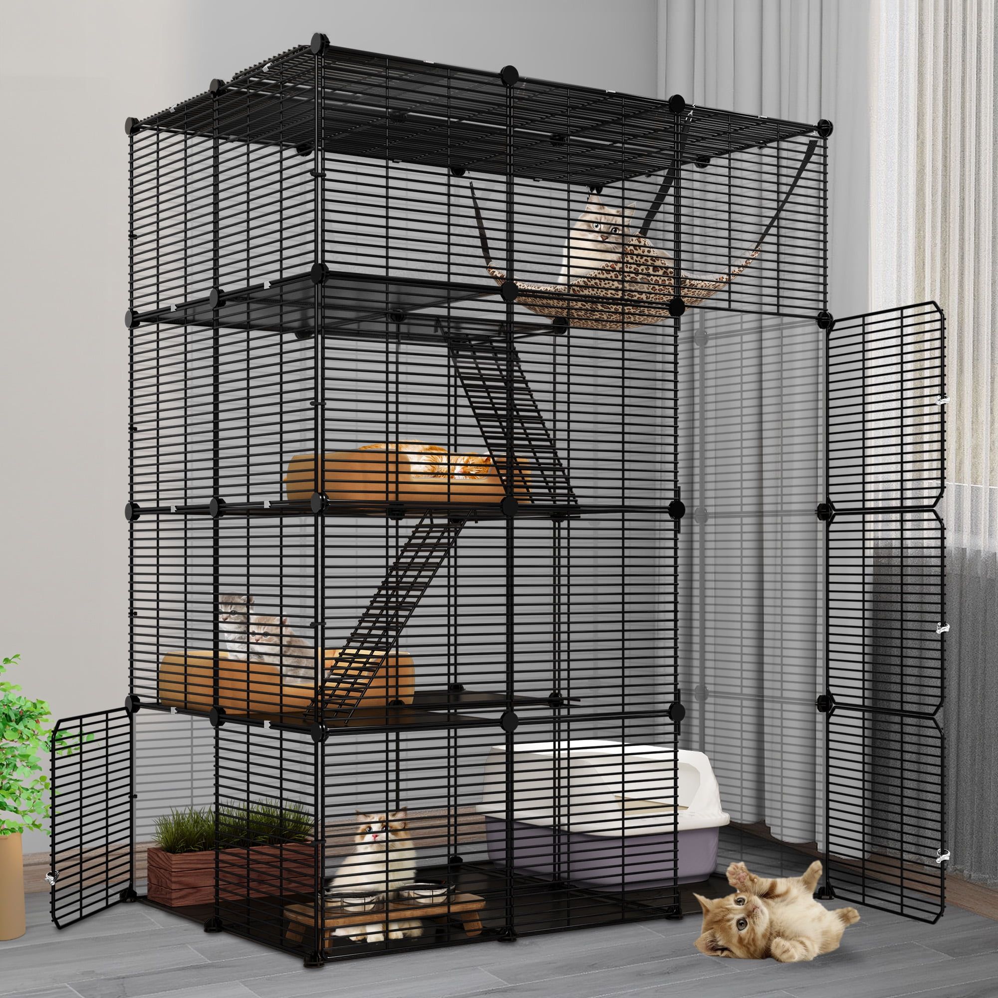 Large Black Metal 4-Tier Cat Cage with Hammock