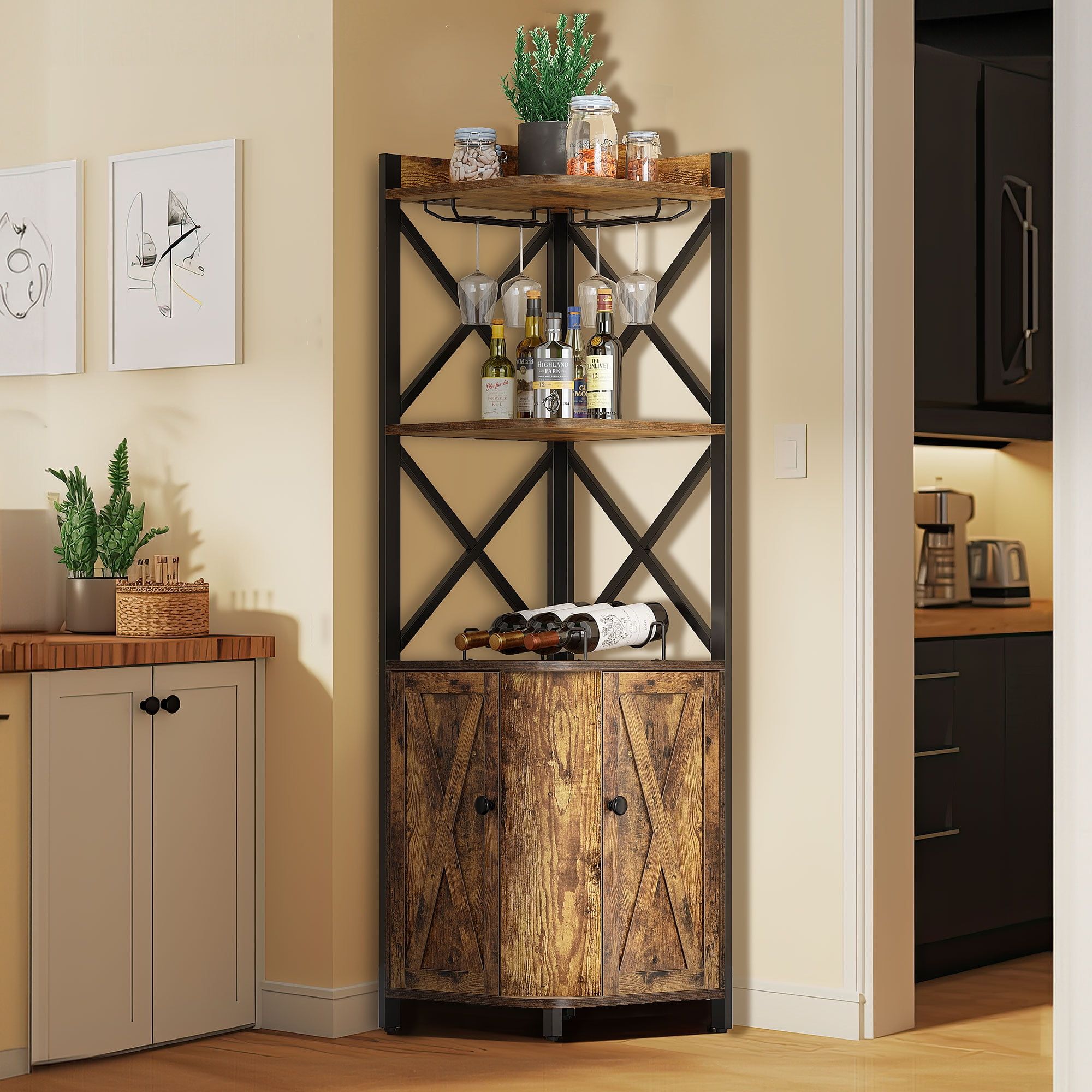 Rustic Brown 5-Tier Corner Bar Cabinet with Glass Holder