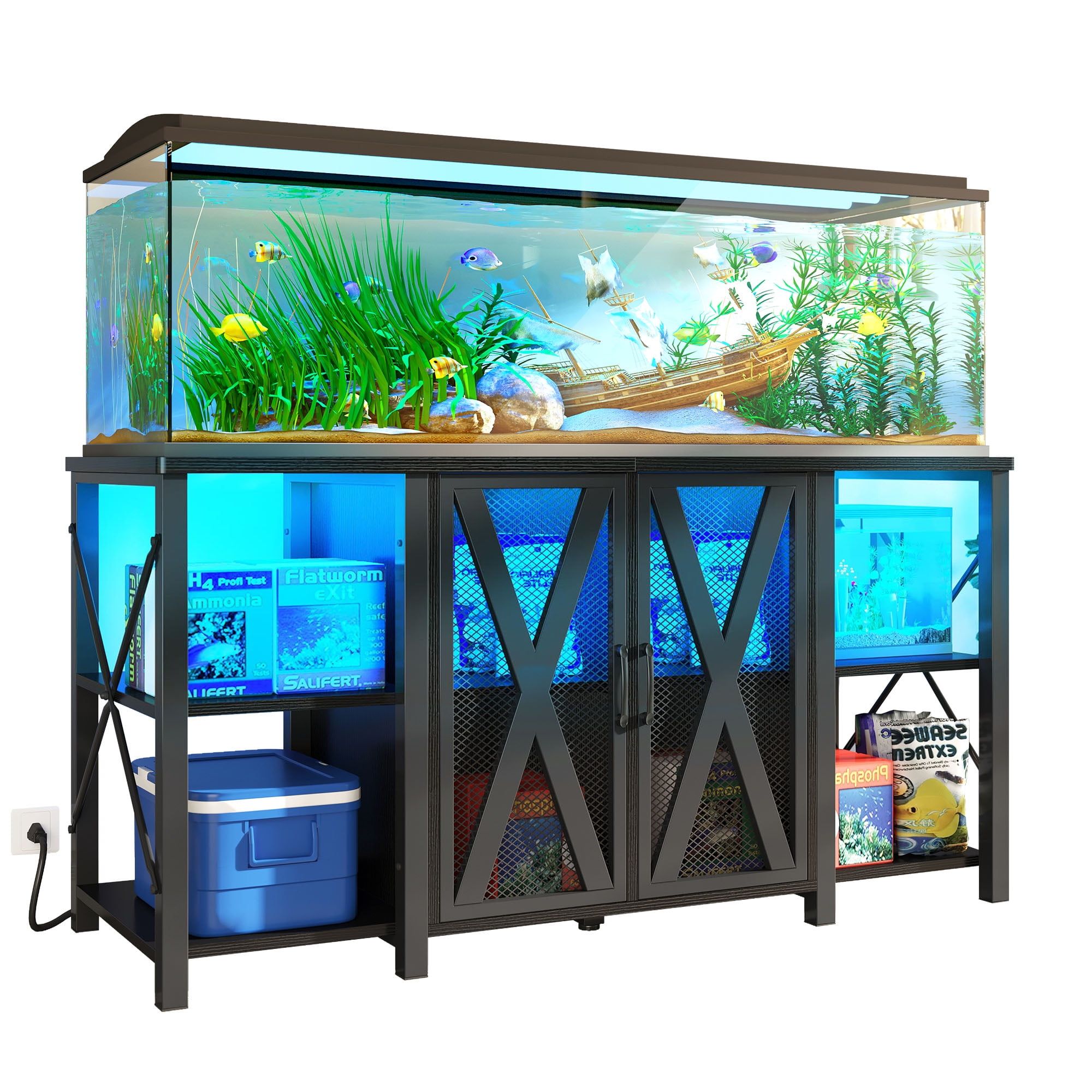 Black Heavy-Duty Metal Aquarium Stand with LED Light and Storage