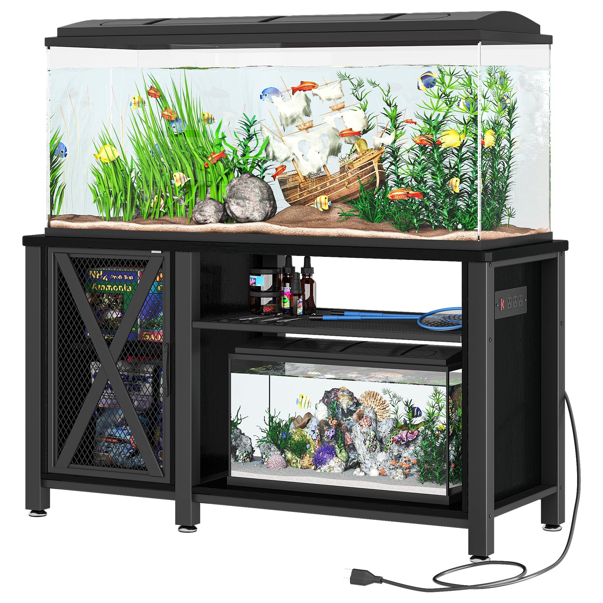 Black Heavy Duty Metal Aquarium Stand with Cabinet and Power Outlets