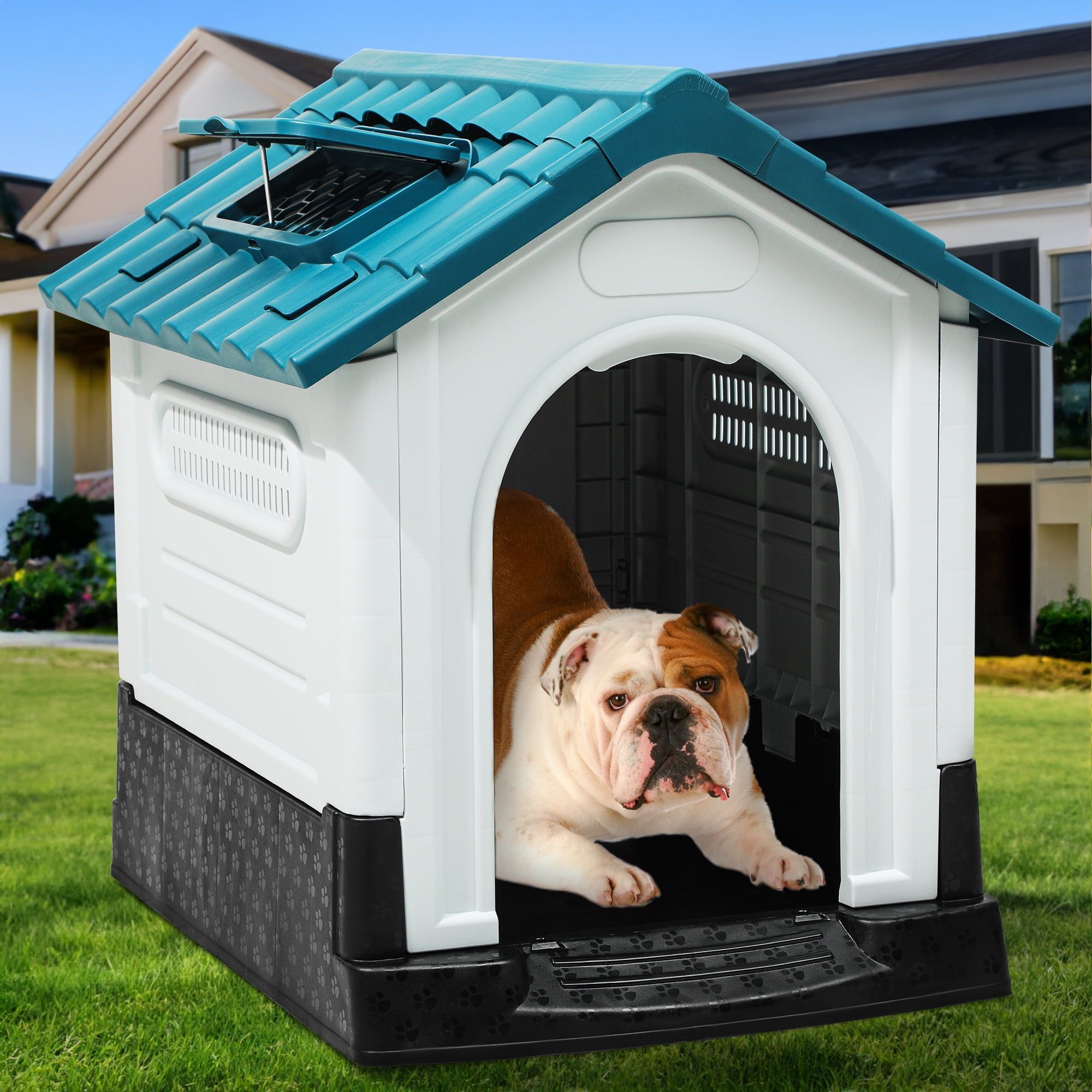 Large Blue Plastic Outdoor Dog House with Skylight and Raised Floor