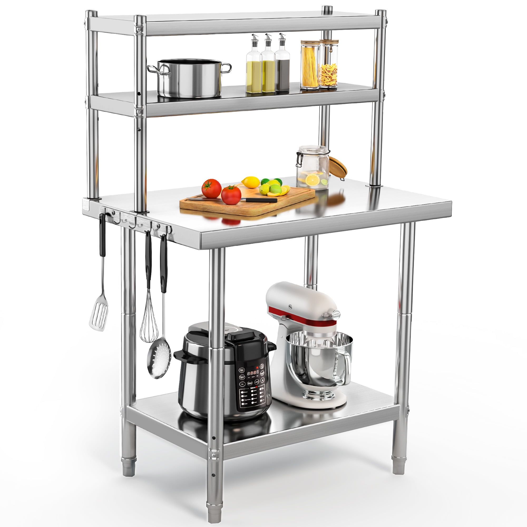 Polished Stainless Steel Work Table with Overshelves, 36" x 24"