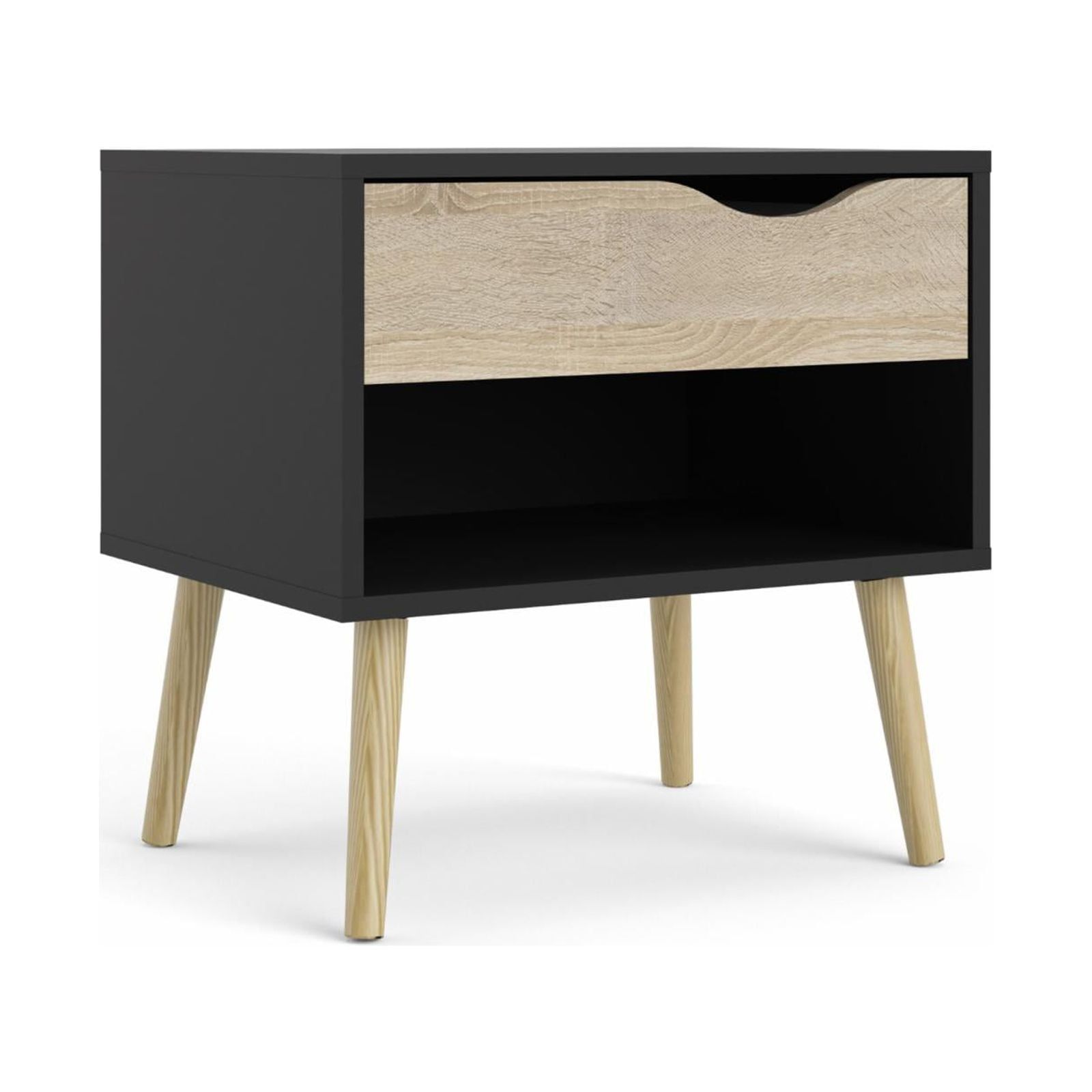 Midcentury Modern Diana Nightstand with Flared Wood Legs, Black Matte & Oak