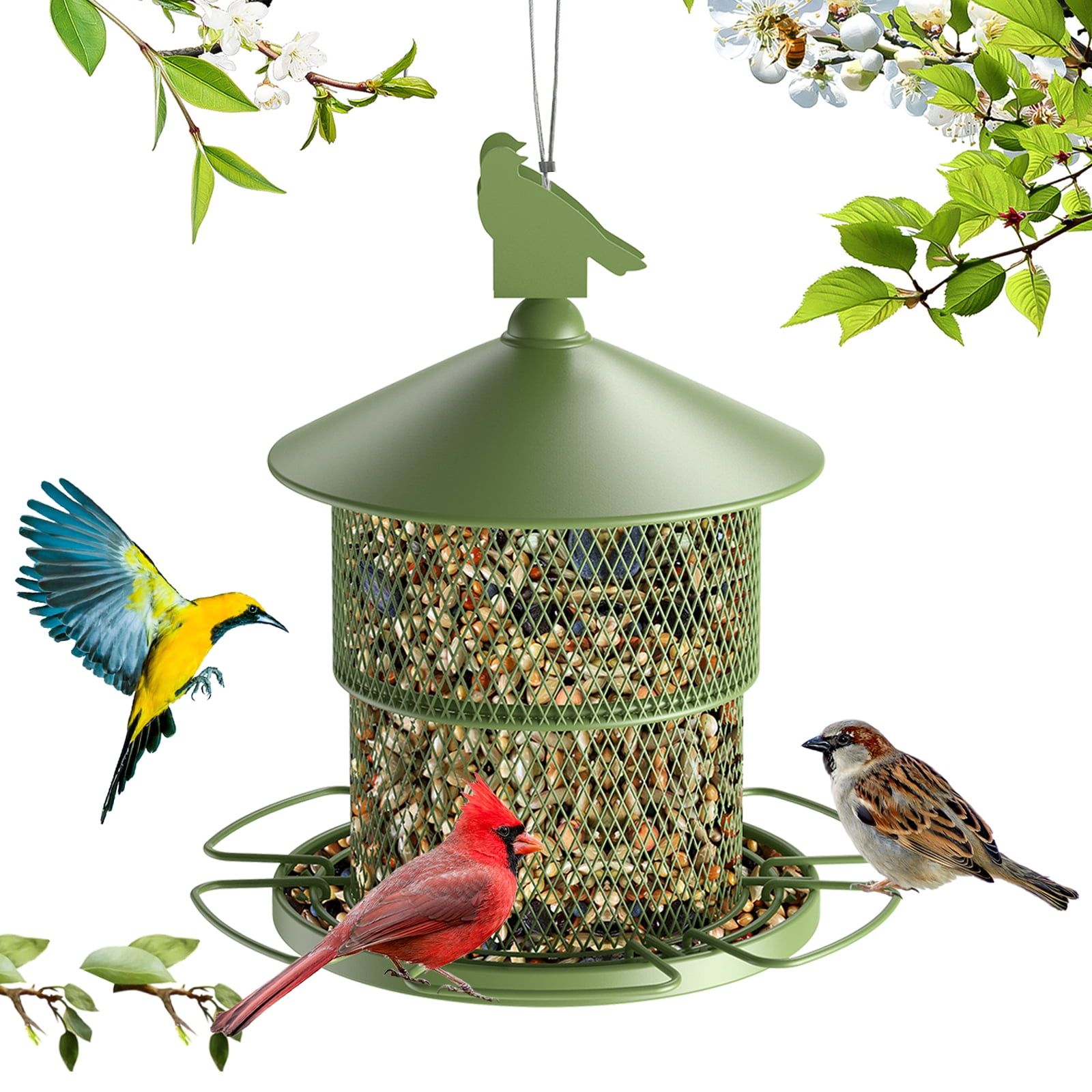 Green Metal Hanging Bird Feeder with 8 Perches