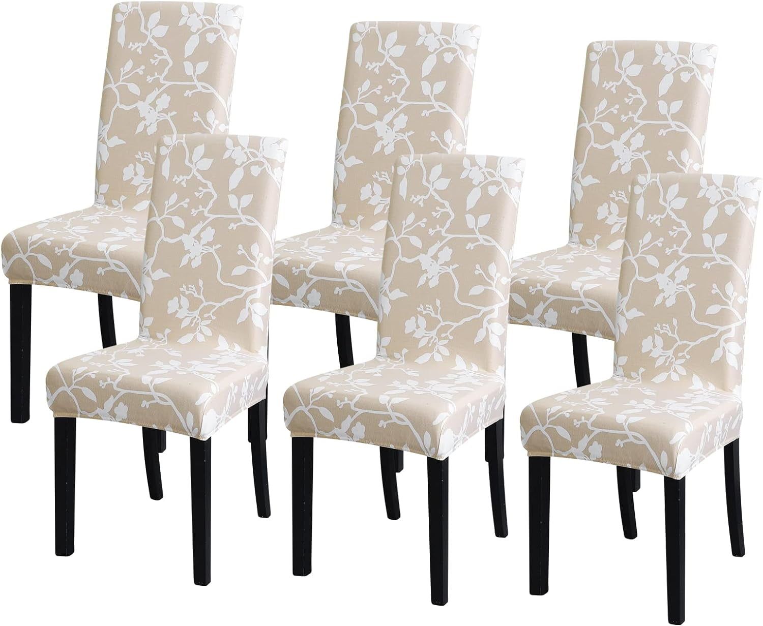 Set of 6 Beige Floral Stretch Dining Chair Covers