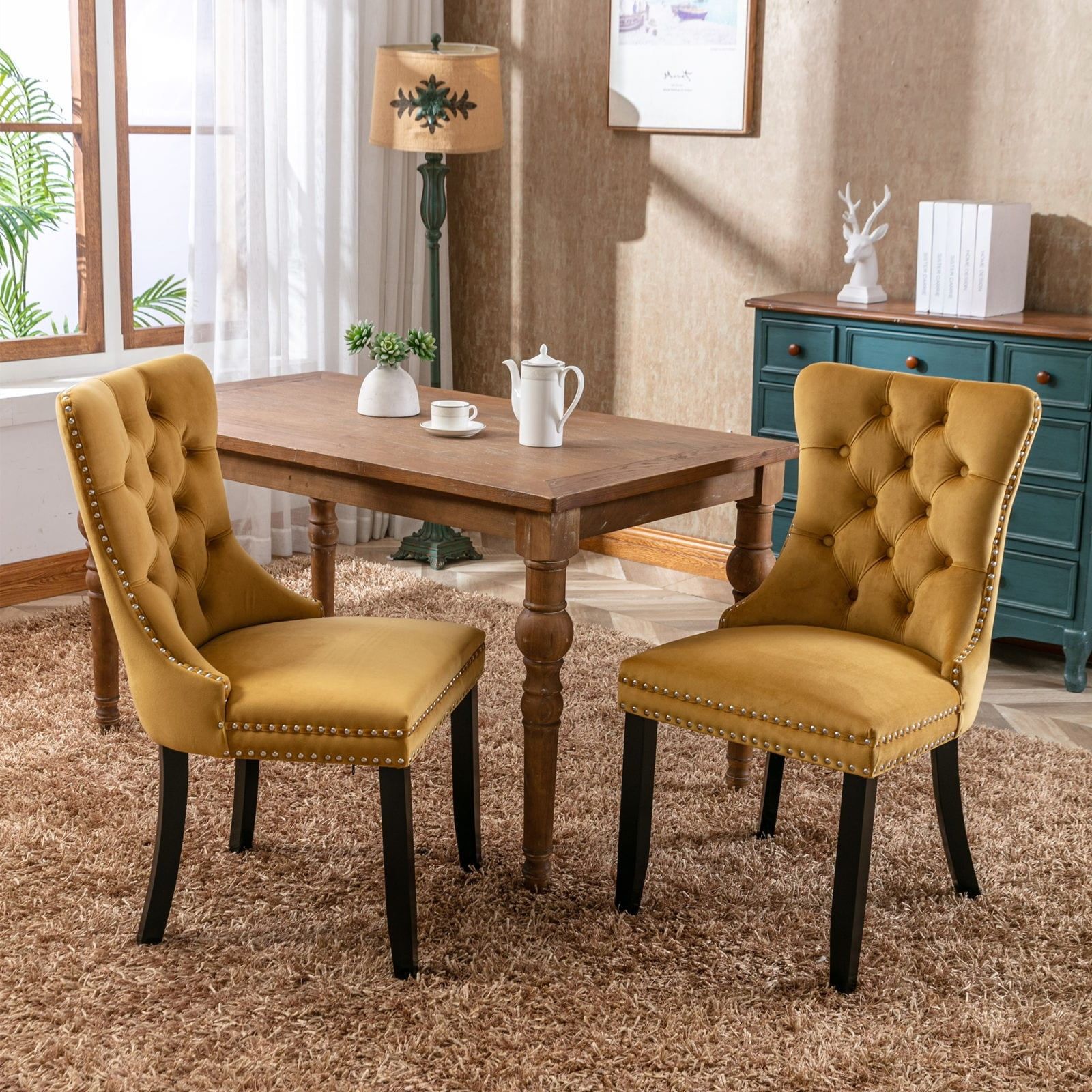 Gold Velvet Upholstered Dining Chairs with Wood Legs and Nailhead Trim