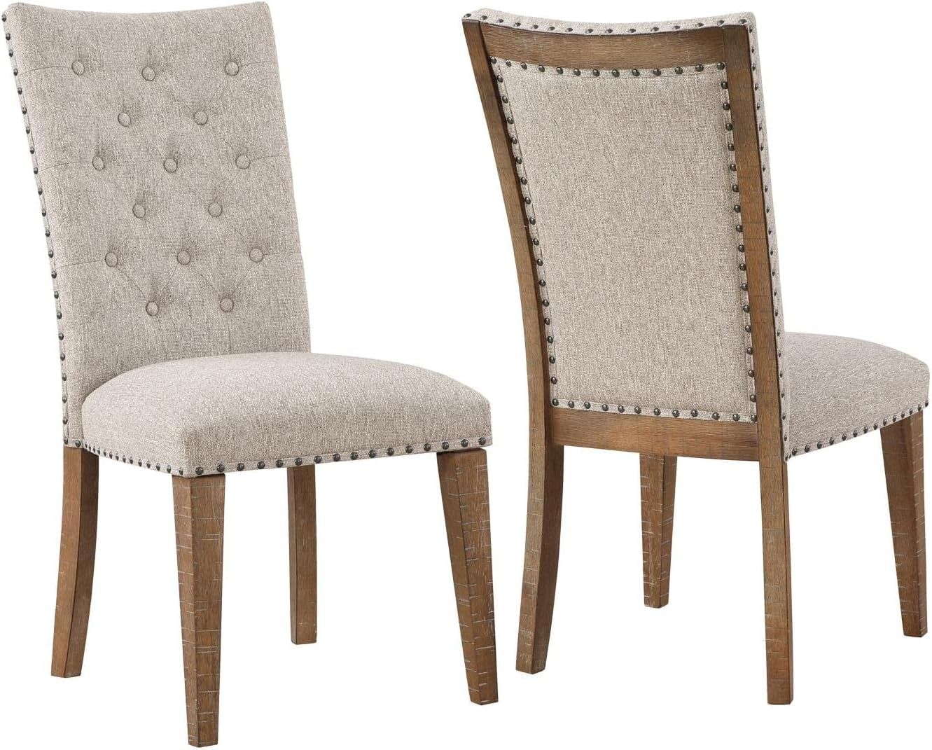 Oatmeal Upholstered Button Tufted Side Chair with Wood Legs