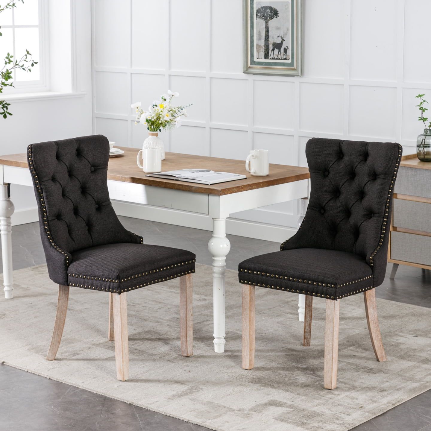 Black Linen Upholstered Tufted Dining Chairs with Wood Legs, Set of 2