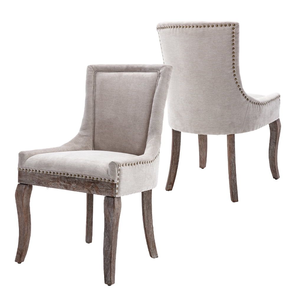 Beige Upholstered Linen Side Chair with Wood Legs, Set of 2