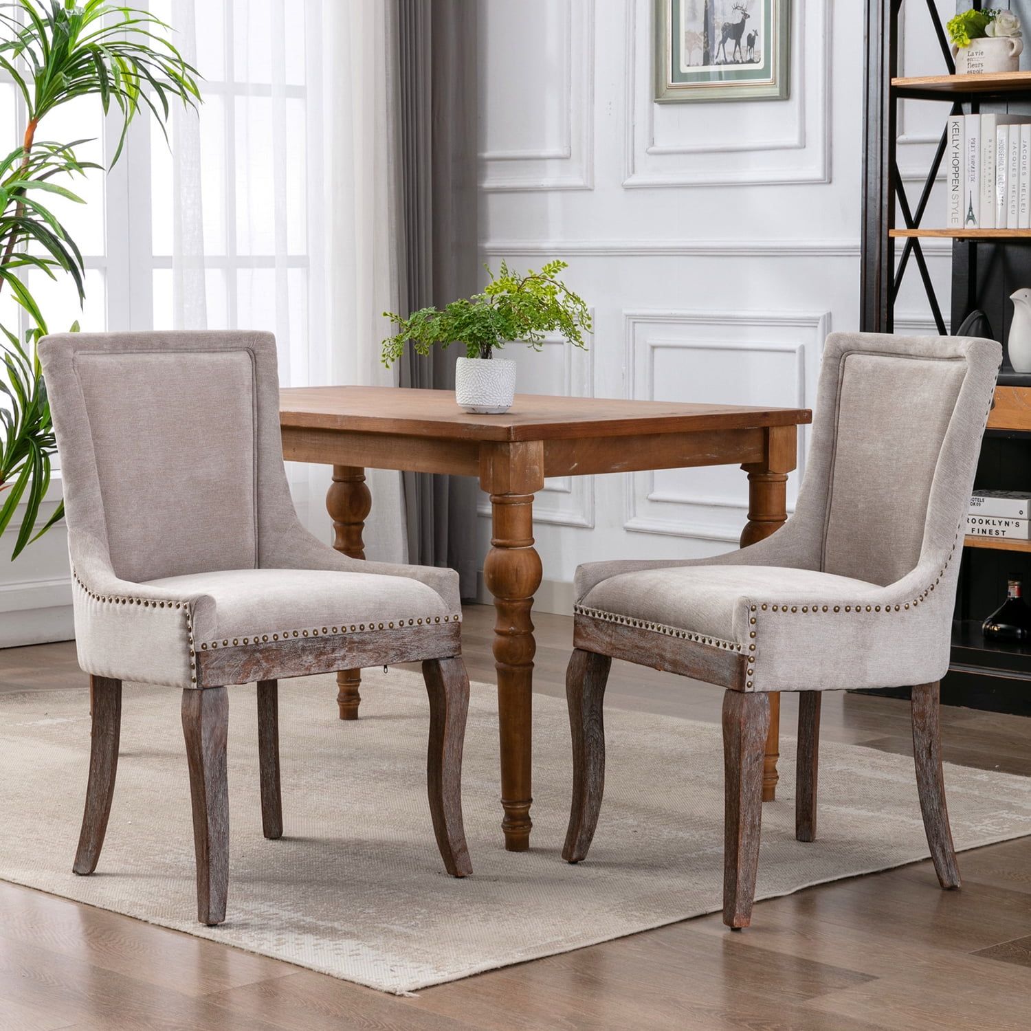 Beige Tufted High Back Upholstered Dining Chairs with Wood Legs, Set of 2